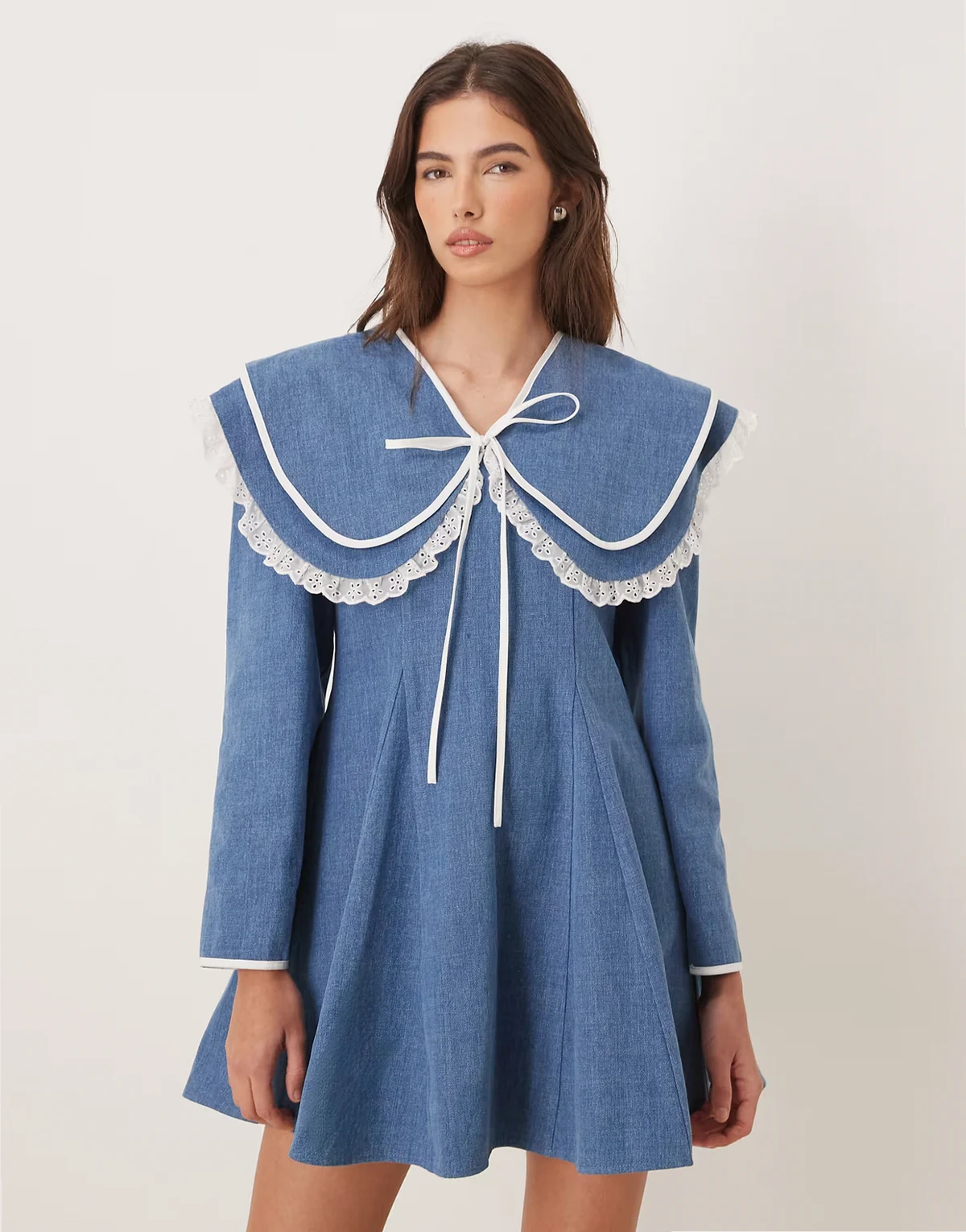 pure cotton oversized collar mini dress with bow in blue denim