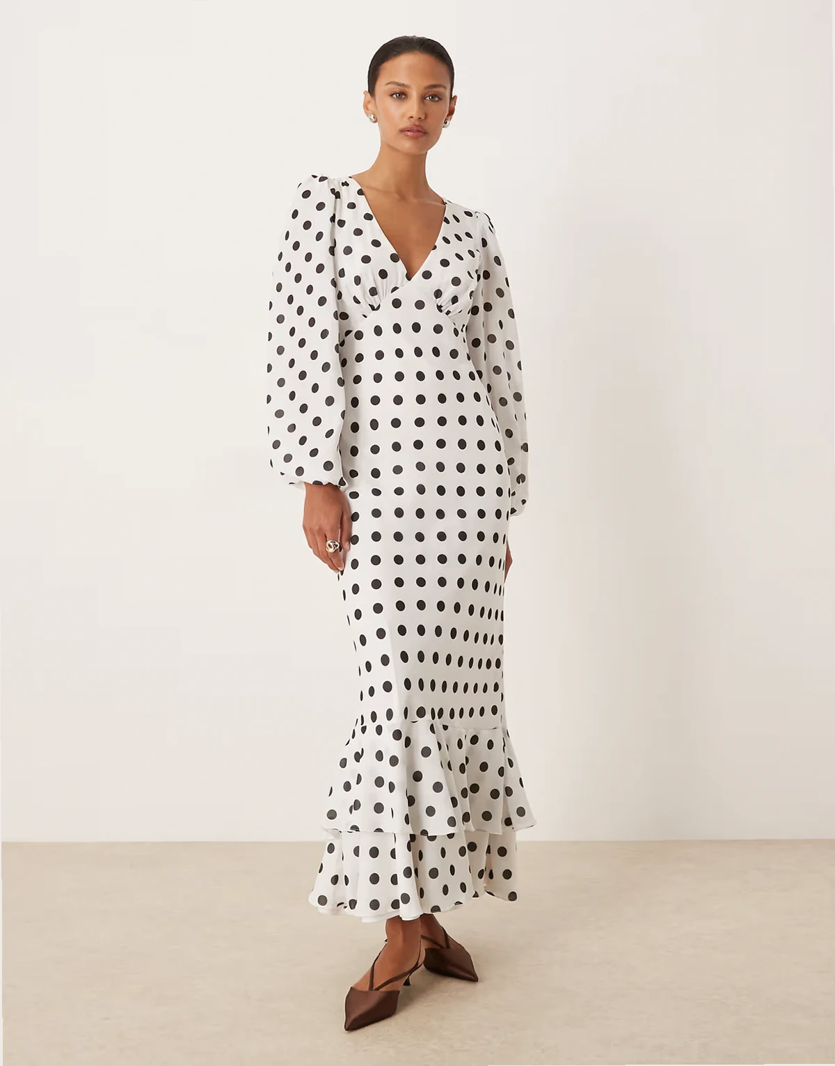 long sleeve ruffle hem maxi dress in white polka dots