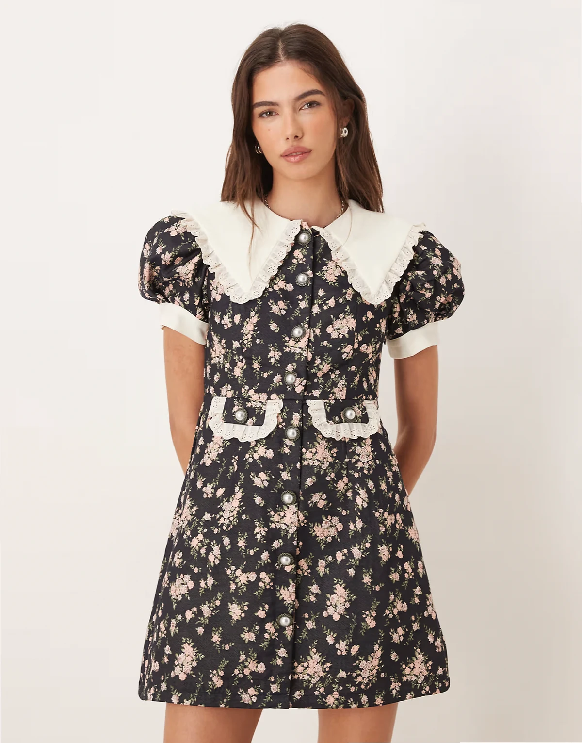 Eclipse Exclusive contrast collar ditsy floral button front mini dress in black floral print