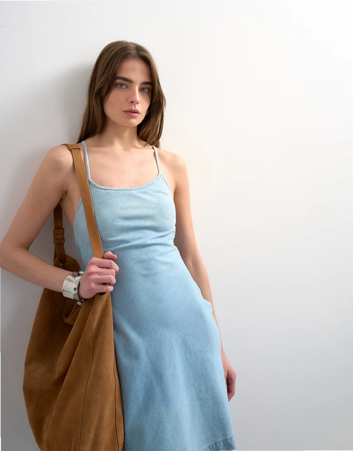 denim cami swing mini dress in bleach