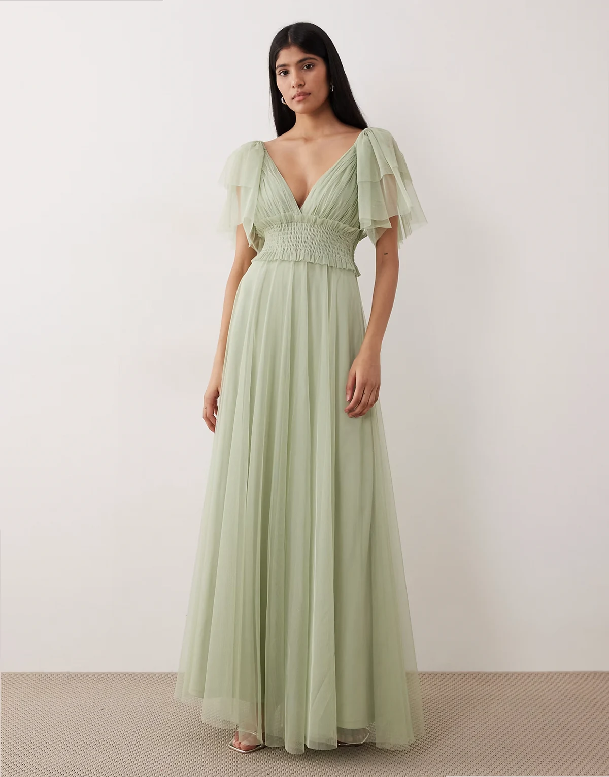 Bridesmaid tulle flutter sleeve shirred waist maxi dress in sage green