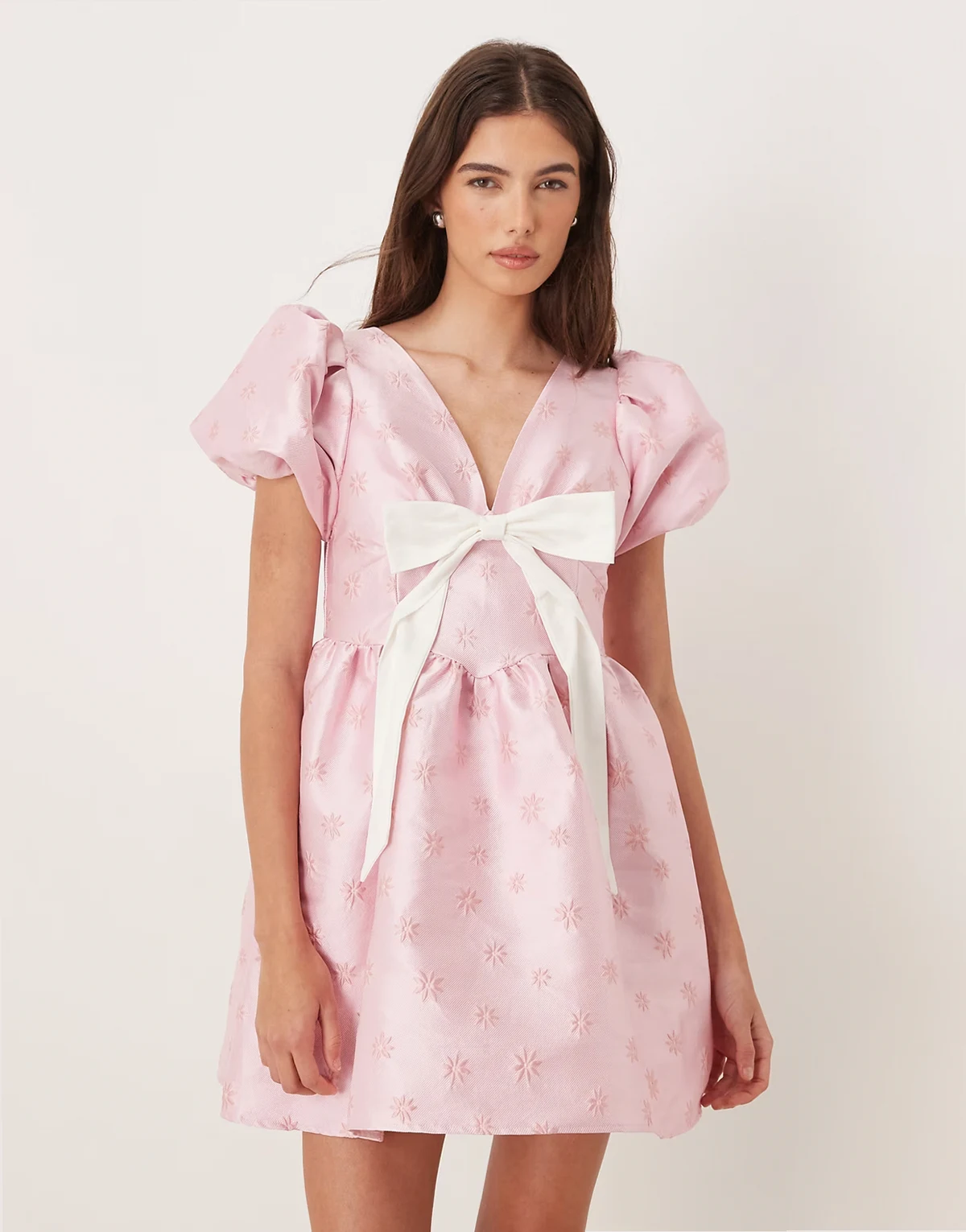 exclusive v-neck puff sleeve bow mini dress in pink