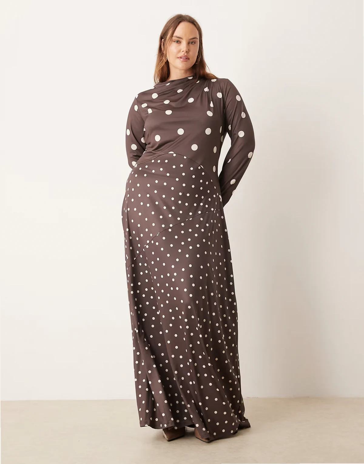slinky spliced printed long sleeved maxi dress in brown polka dot