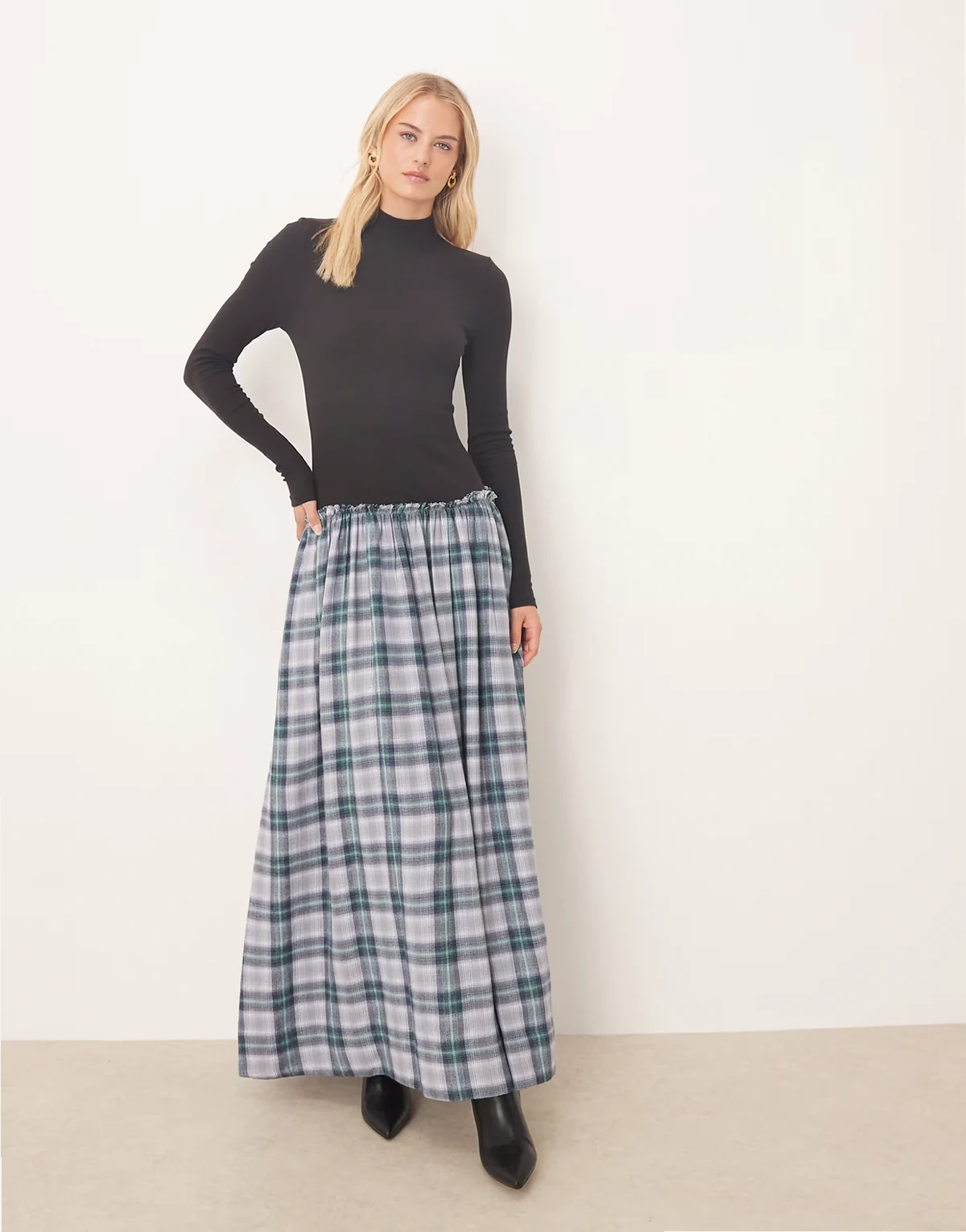 ASOS DESIGN Tall high neck long sleeve hybrid maxi dress in blue check