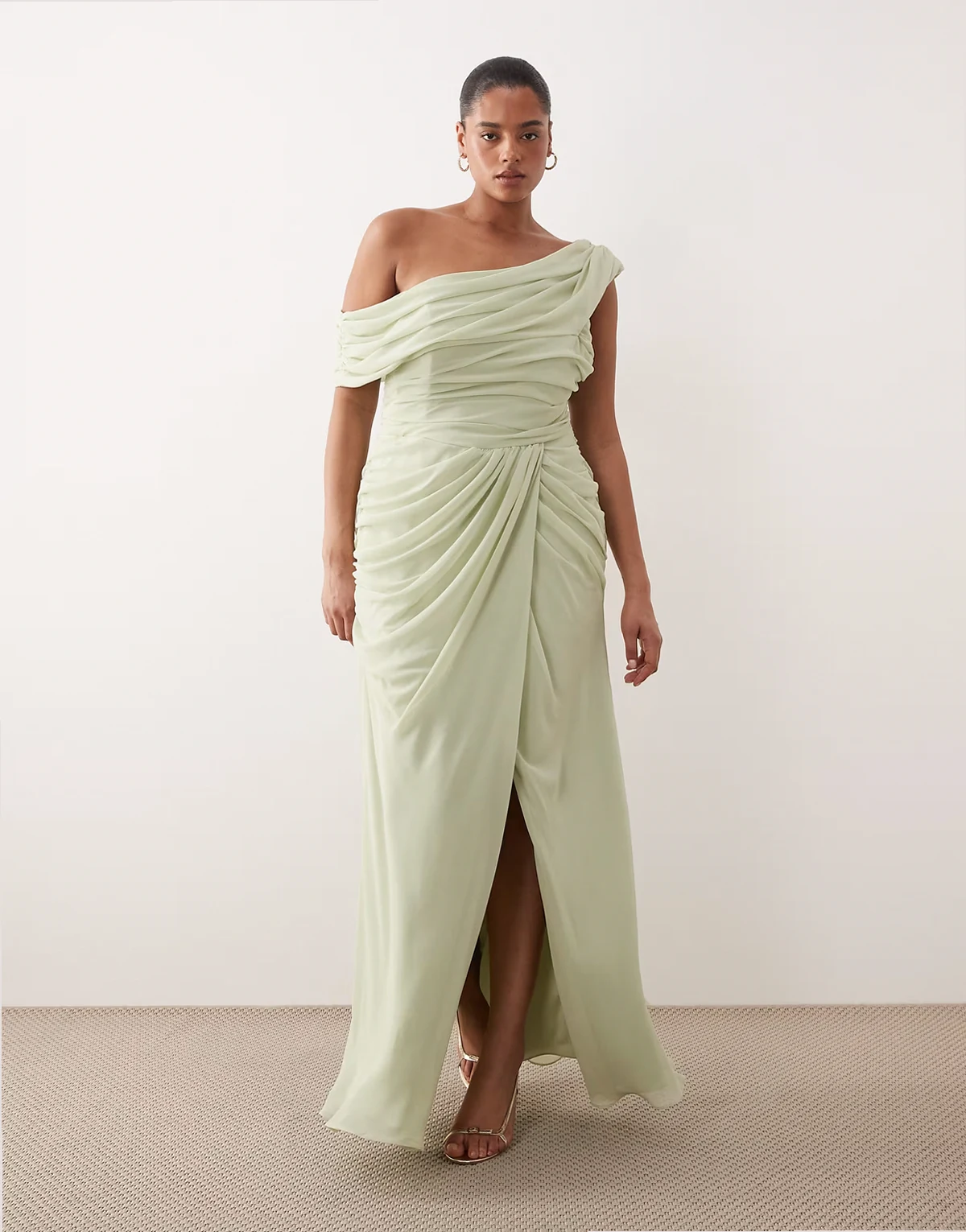 ASOS DESIGN Curve Bridesmaid chiffon draped one-shoulder neckline with fixed wrap skirt in sage green