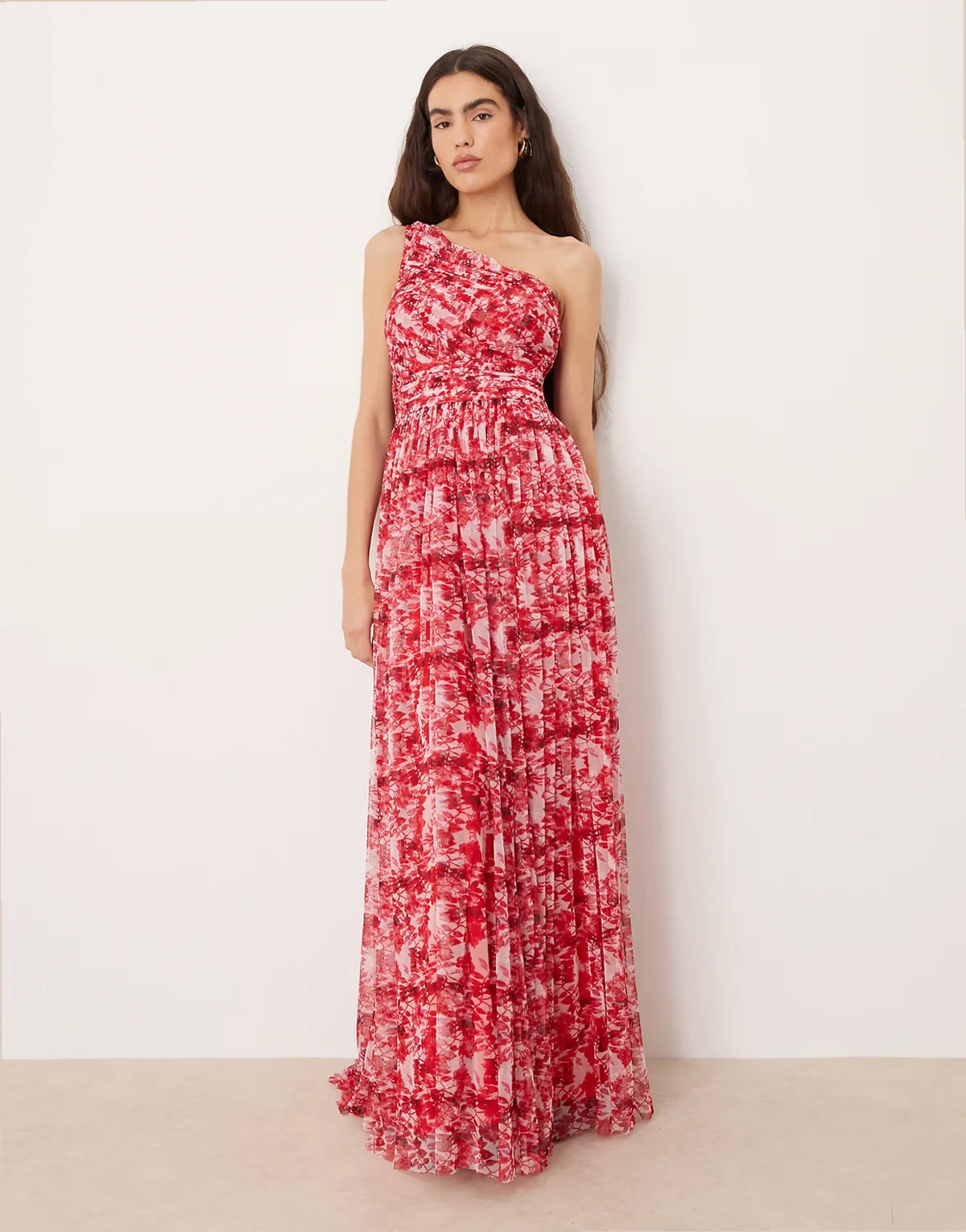tulle one shoulder scarf neck maxi dress in red floral print