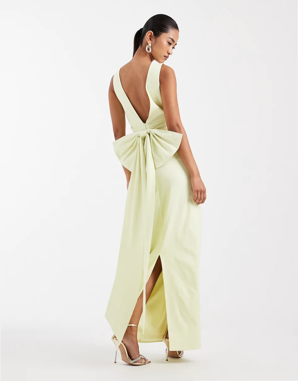 Bridesmaid – Żółta sukienka maxi z bengaliny z odpinaną kokardką na plecach
