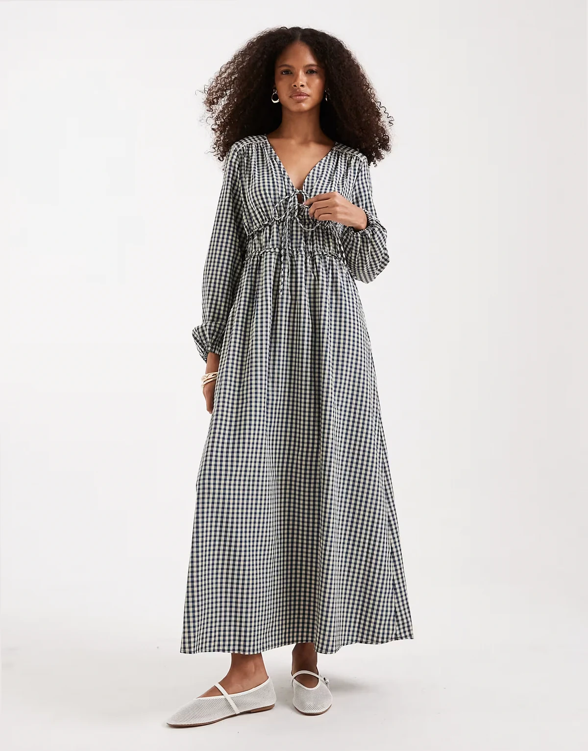 tie front long sleeve maxi dress in navy and white gingham