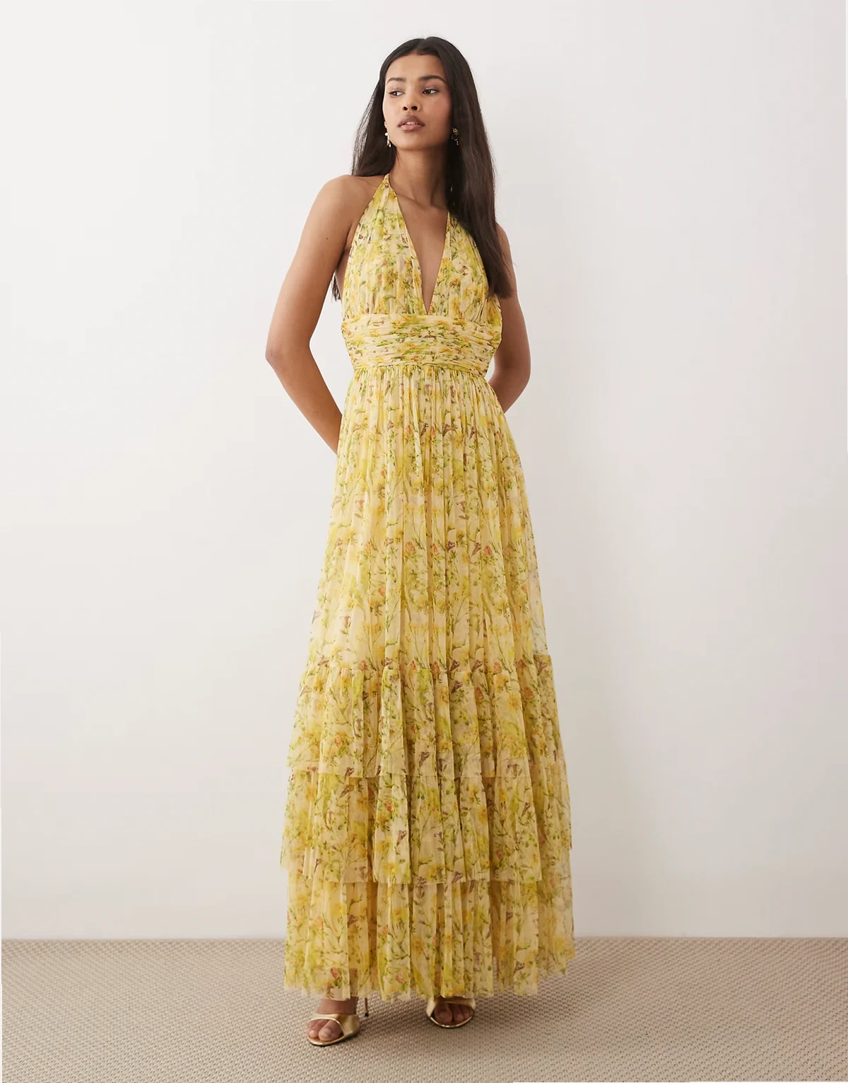 halterneck tiered tulle maxi dress in yellow floral
