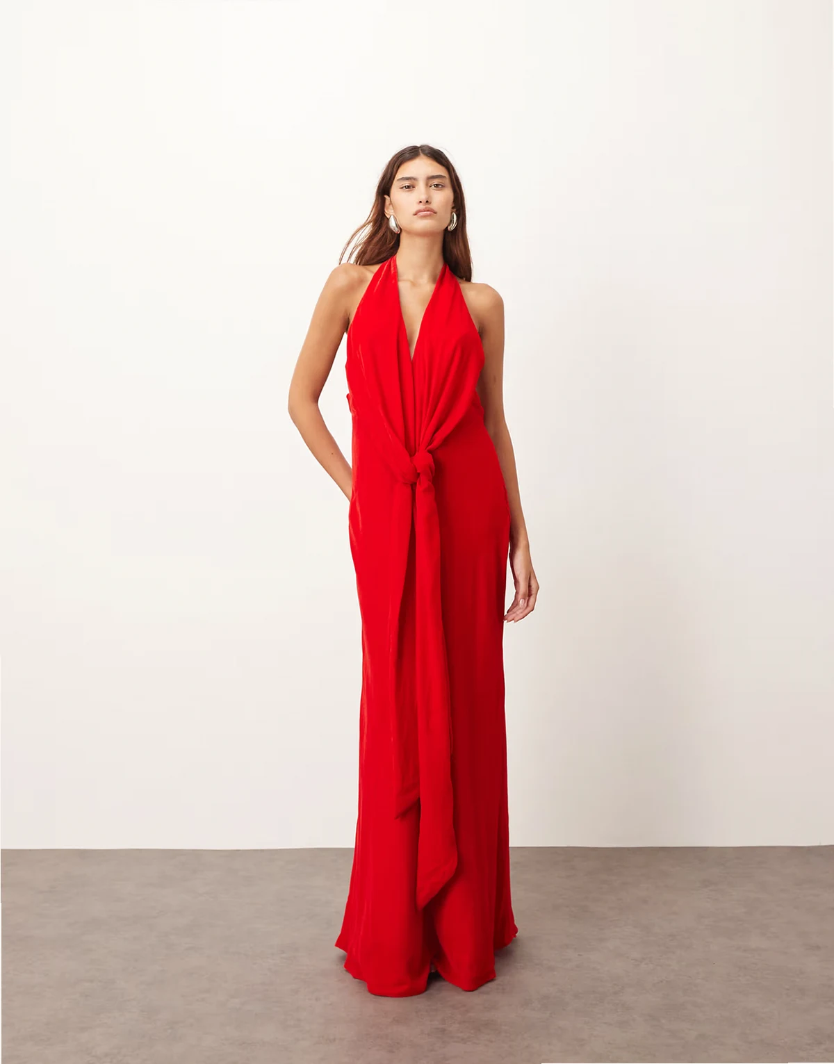 halter neck plunge velvet maxi dress with tie detailing in red