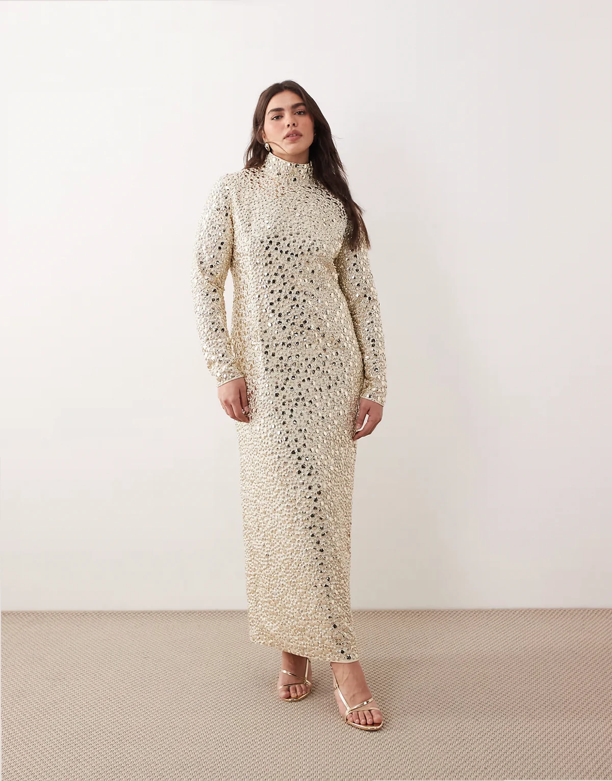 Curve textural sequin high neck long sleeve maxi dress in buttermilk