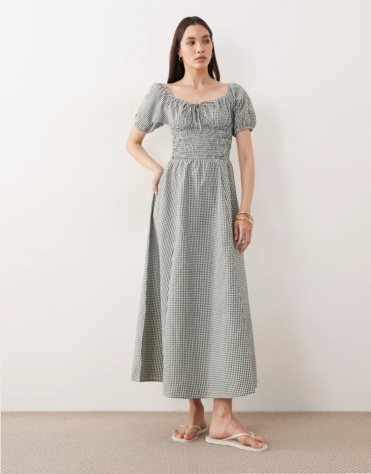 puff sleeve tie front maxi beach dress in green gingham