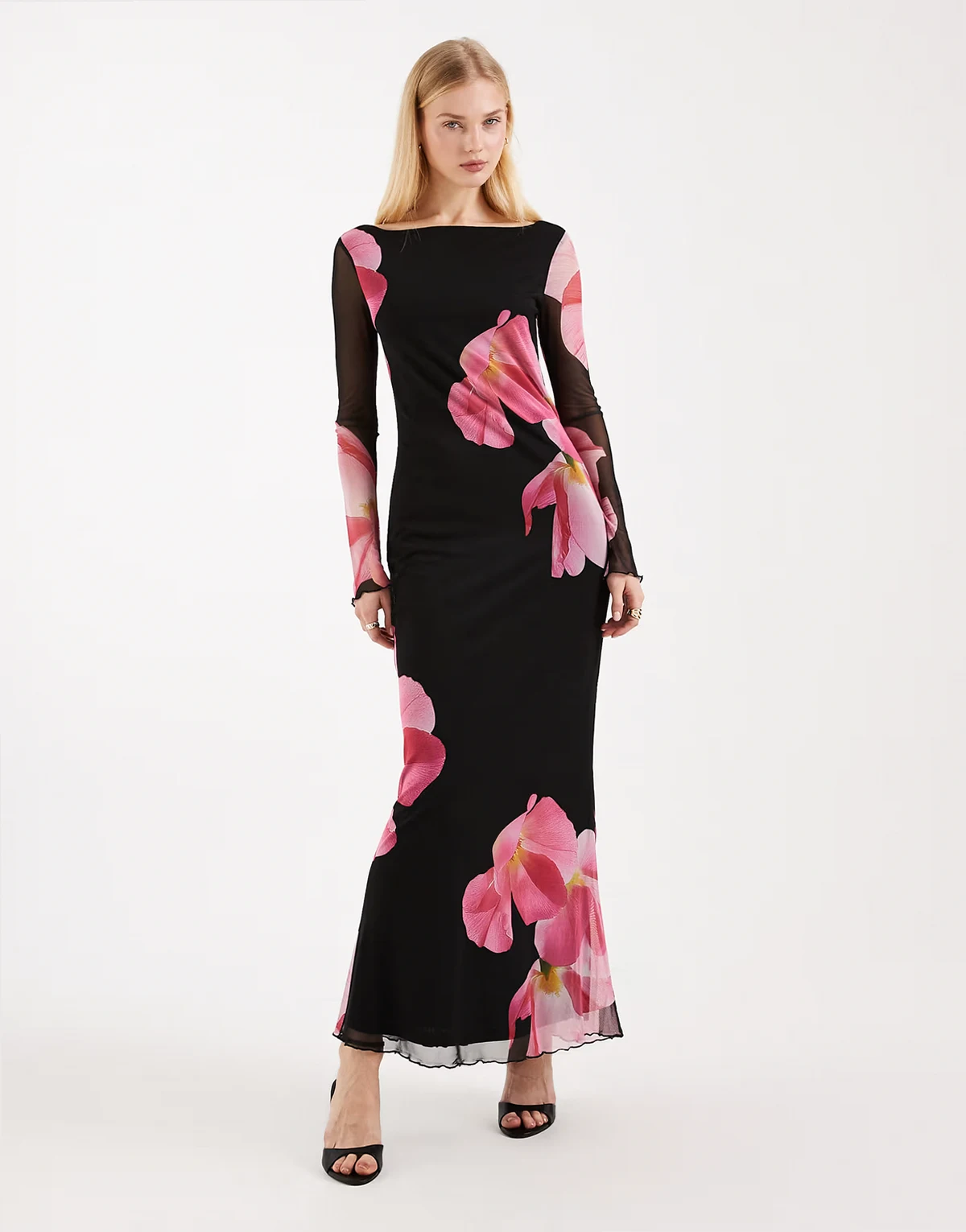 long sleeve mesh maxi dress in black with overblown floral