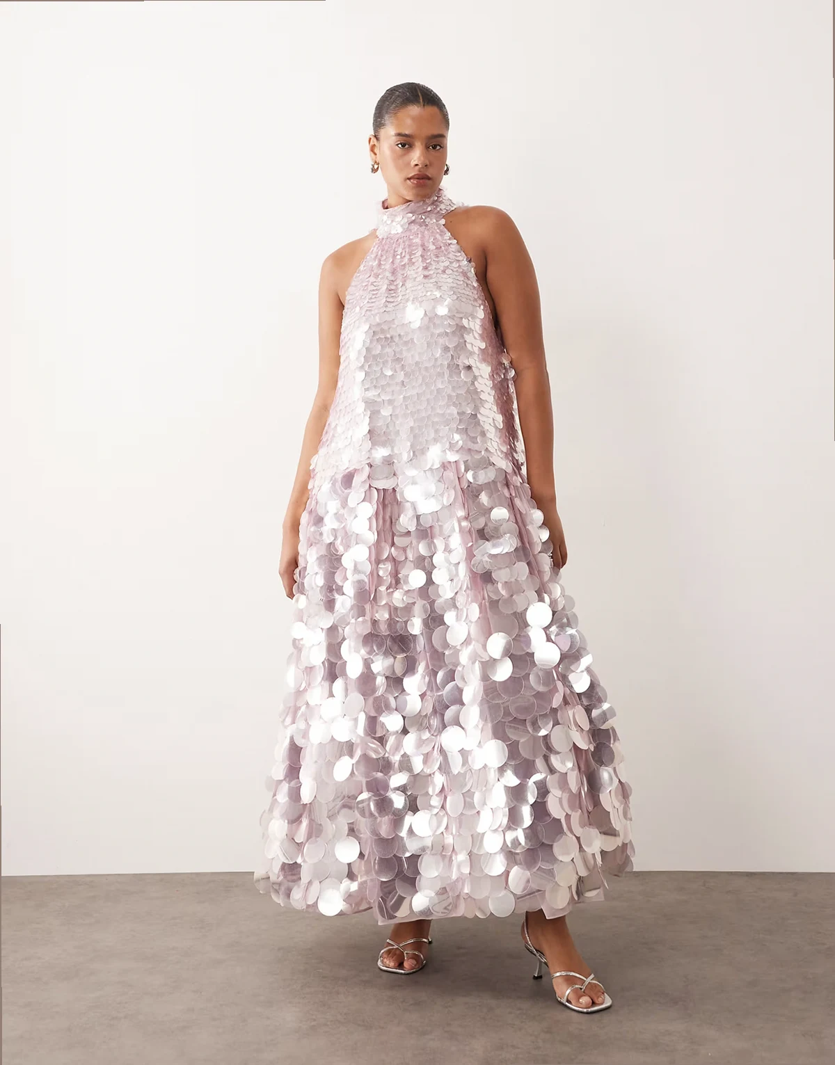 Curve paillette sequin halter neck trapeze maxi dress in lilac