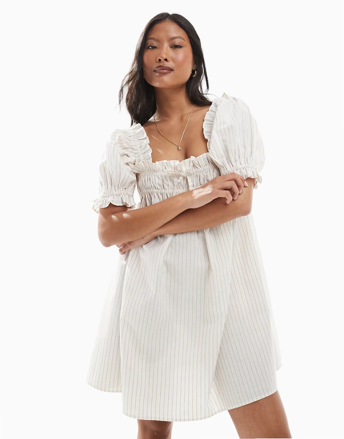 yarn dyed striped smock dress in beige stripe