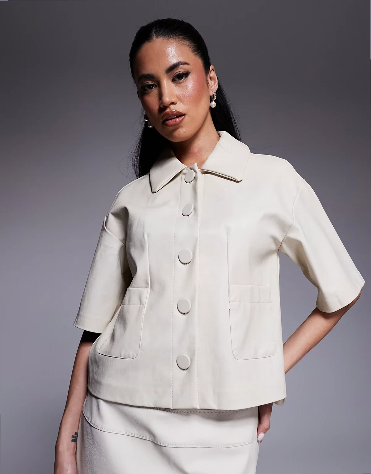 faux leather short sleeve shirt in cream