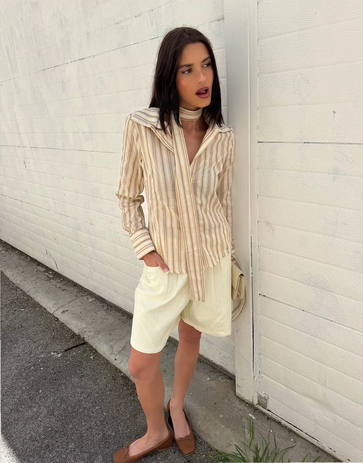 x Barbara Ines fitted scarf detail striped shirt in taupe