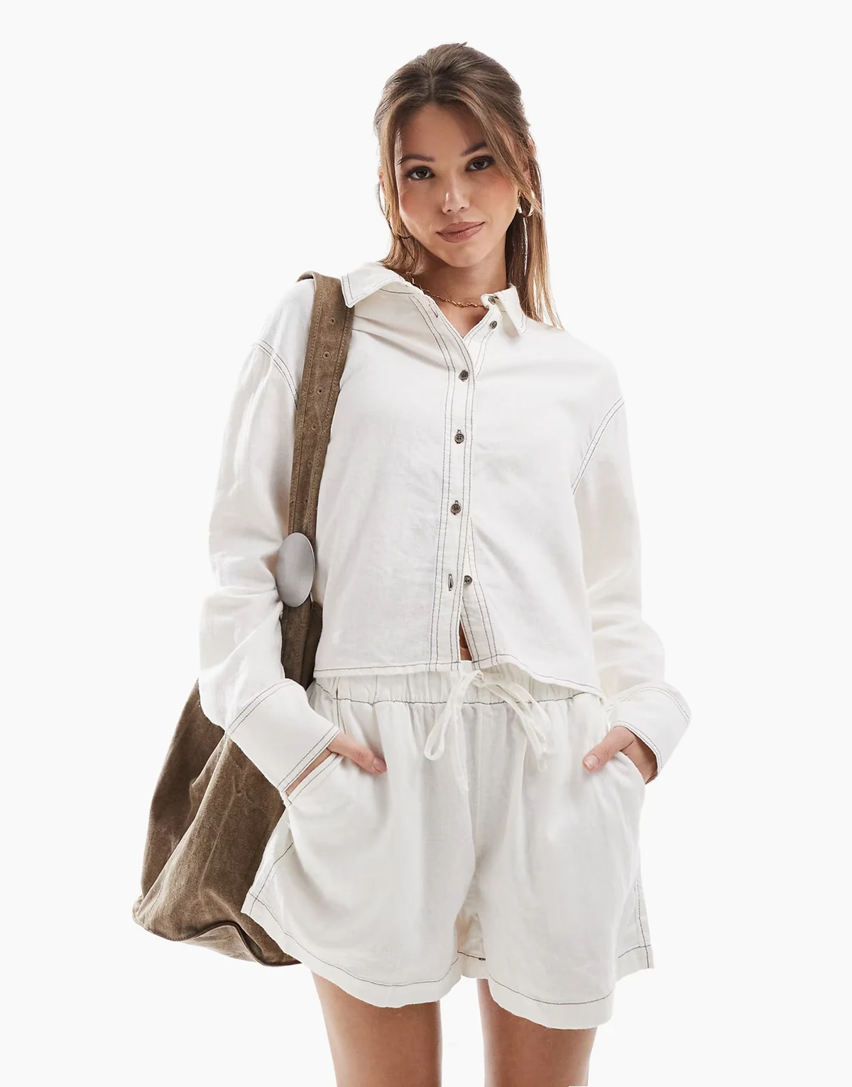 linen blend cropped shirt with contrast stitch in white - part of a set
