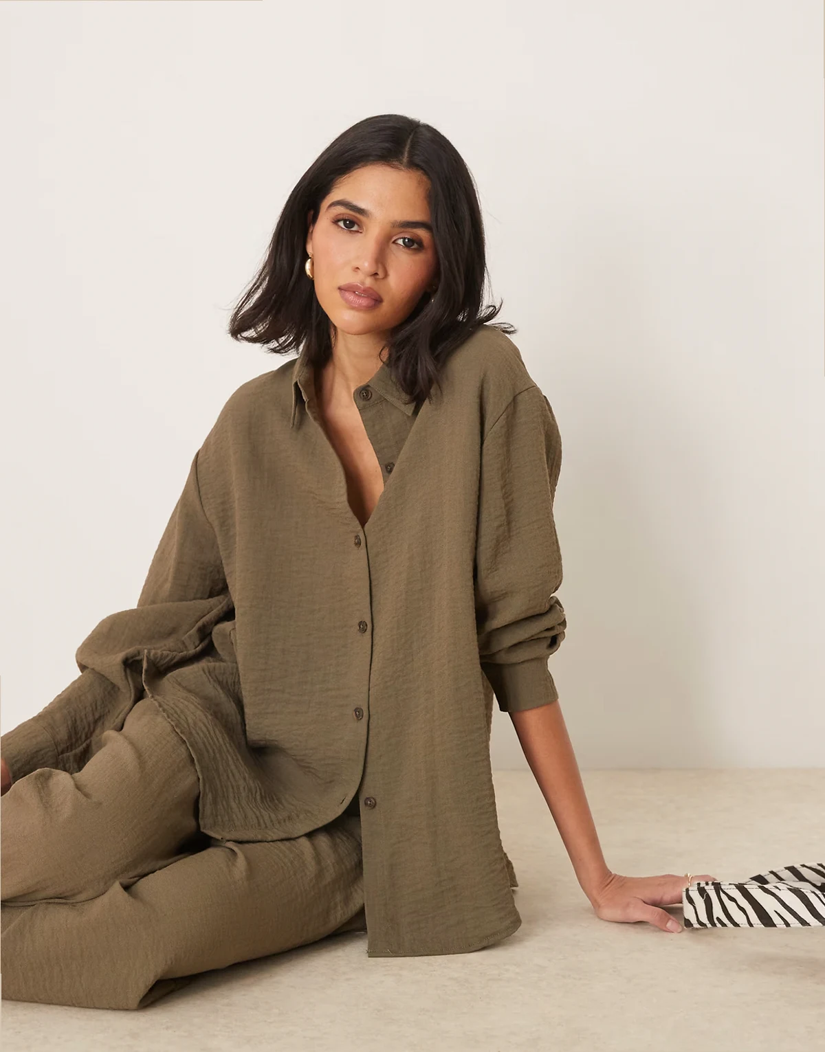 long sleeve shirt with open back in khaki - part of a set