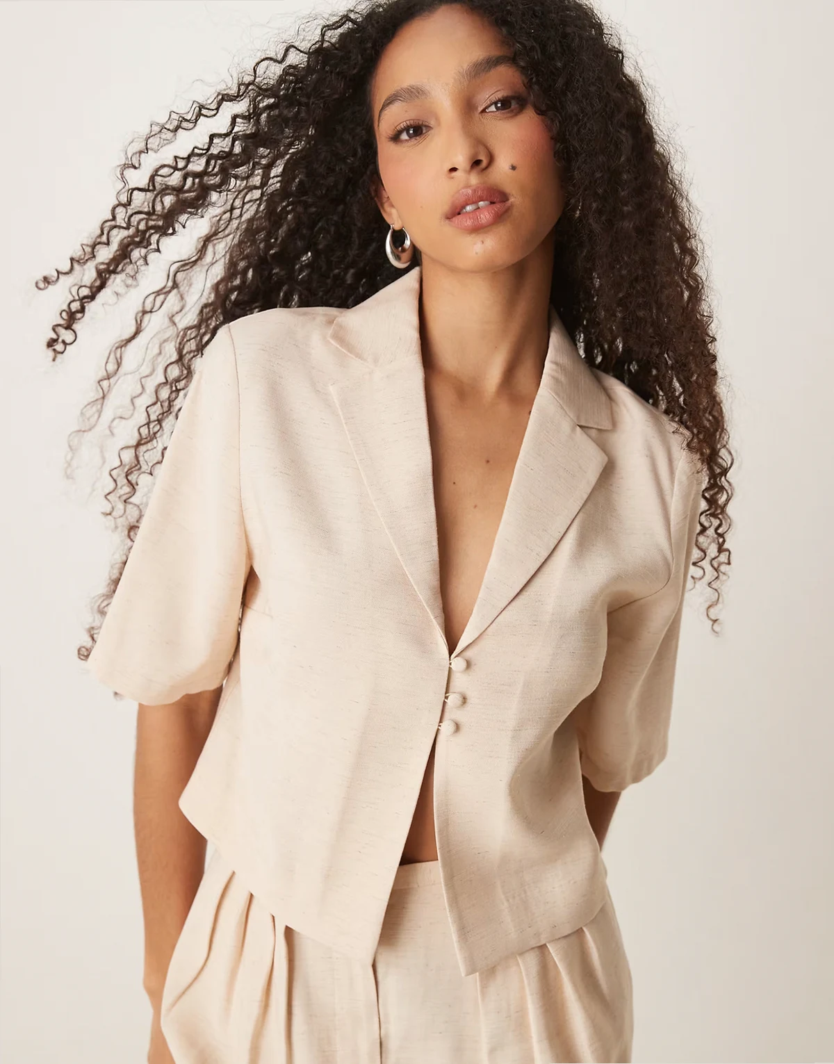 short sleeve tie front cropped shirt in off white - part of a set