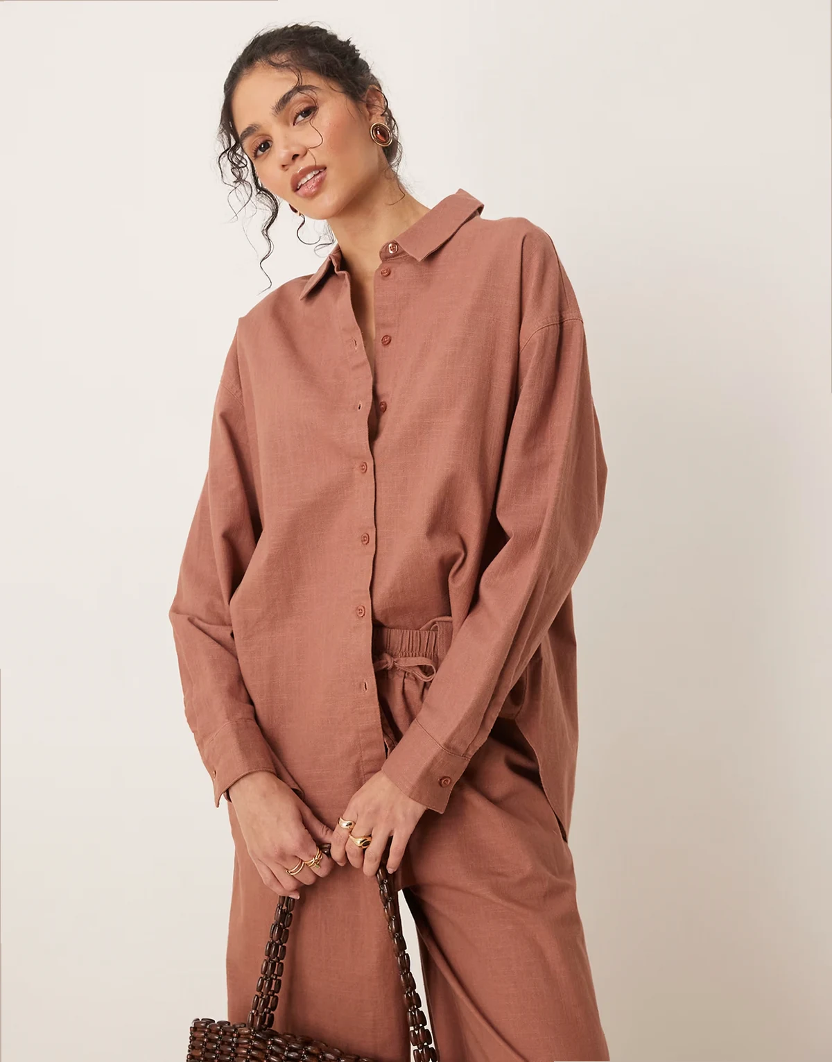 oversized linen look shirt in mocha - part of a set