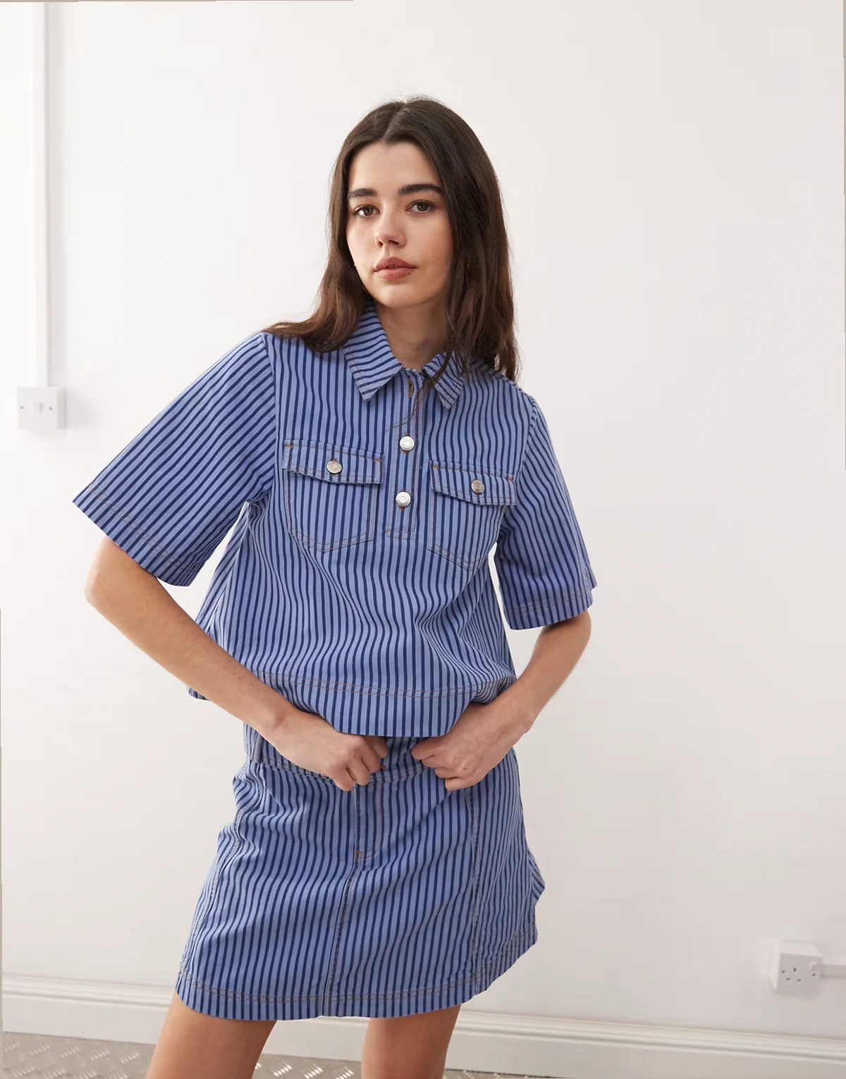 denim shirt in tonal blue pinstripe - part of a set
