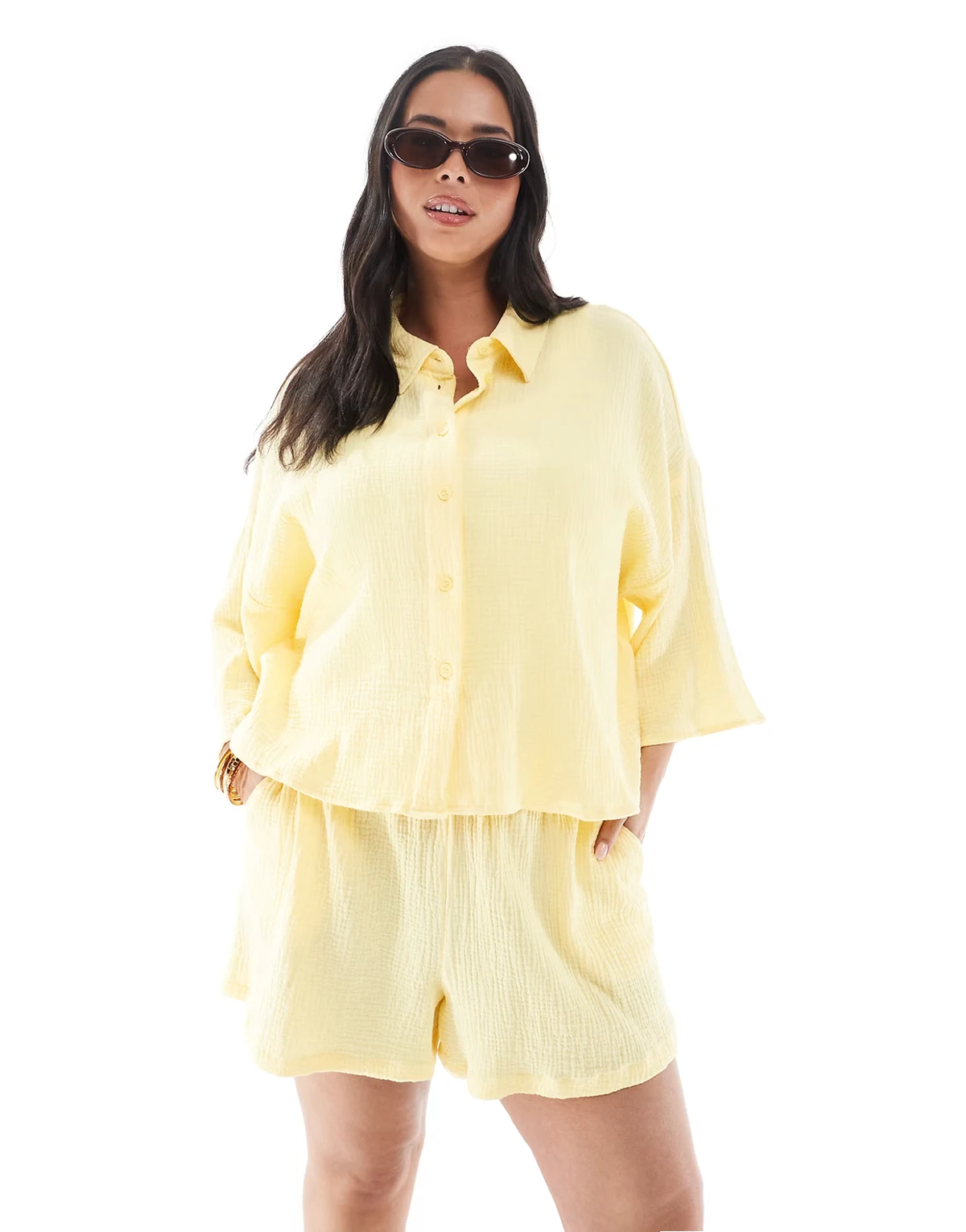 textured cropped shirt in pale yellow - part of a set