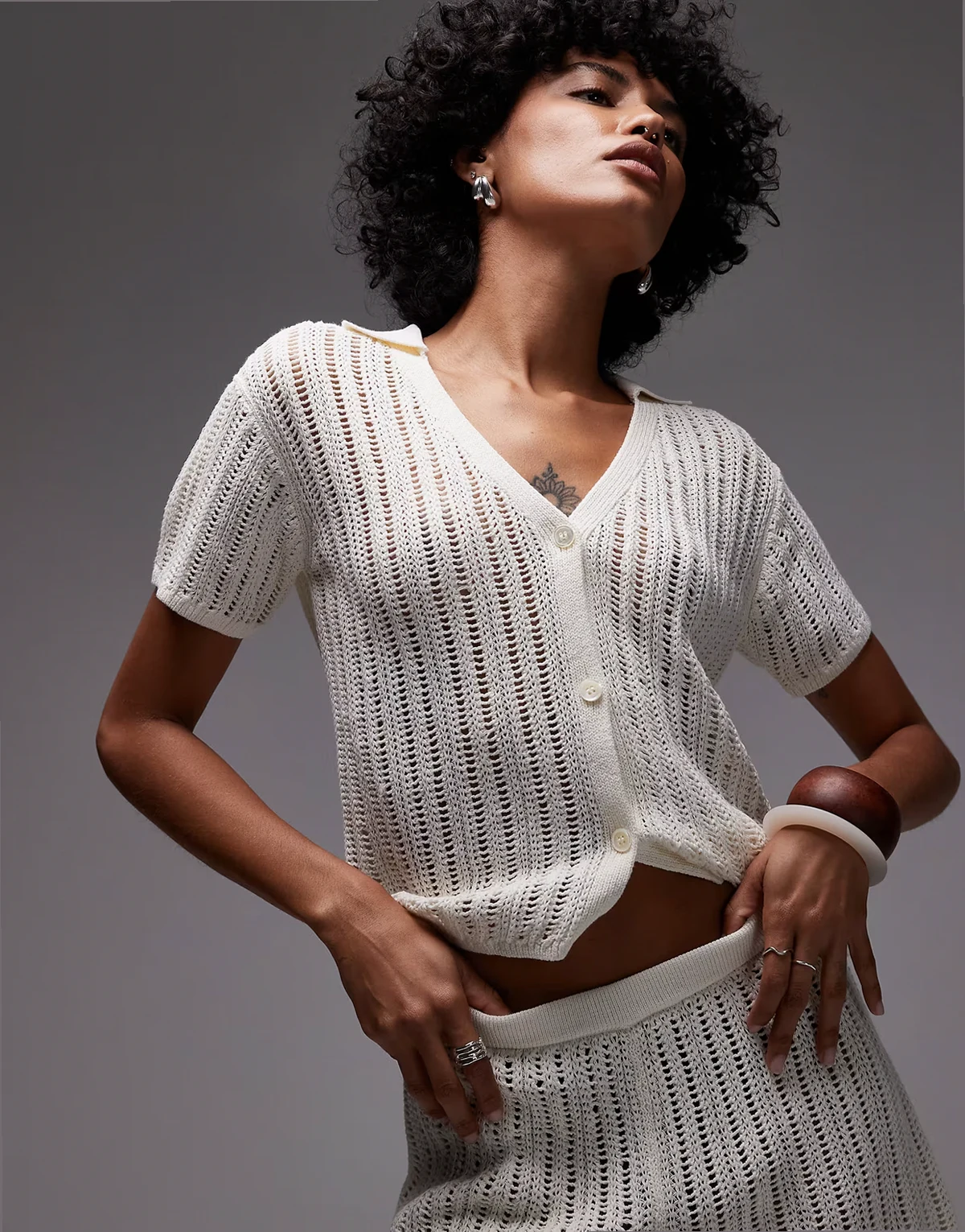 loose fit paper knit short sleeve beach button up shirt in off white