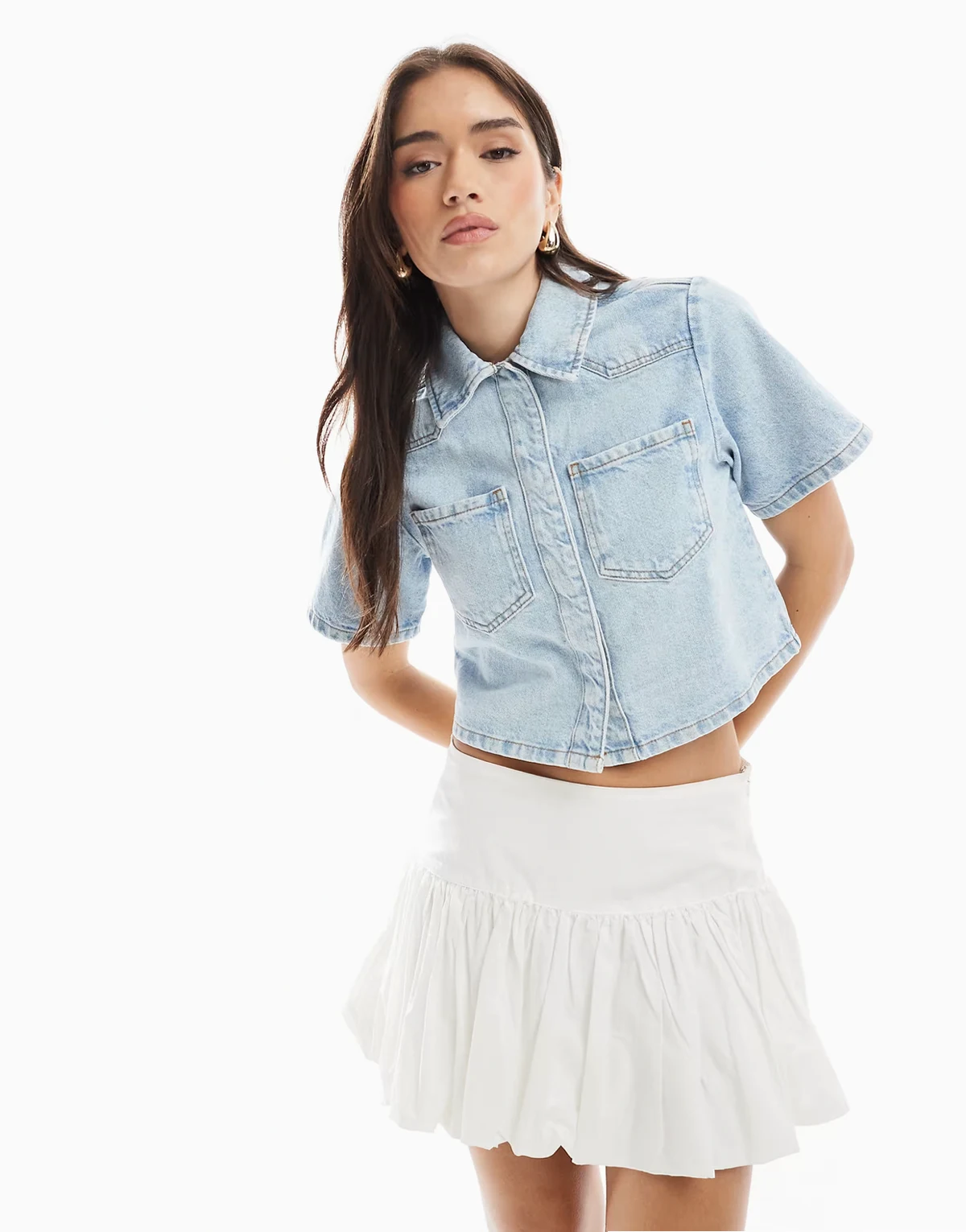 denim crop shirt in pale wash