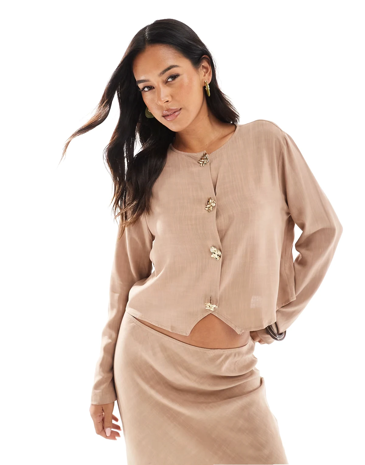 linen look cropped button front top in stone - part of a set