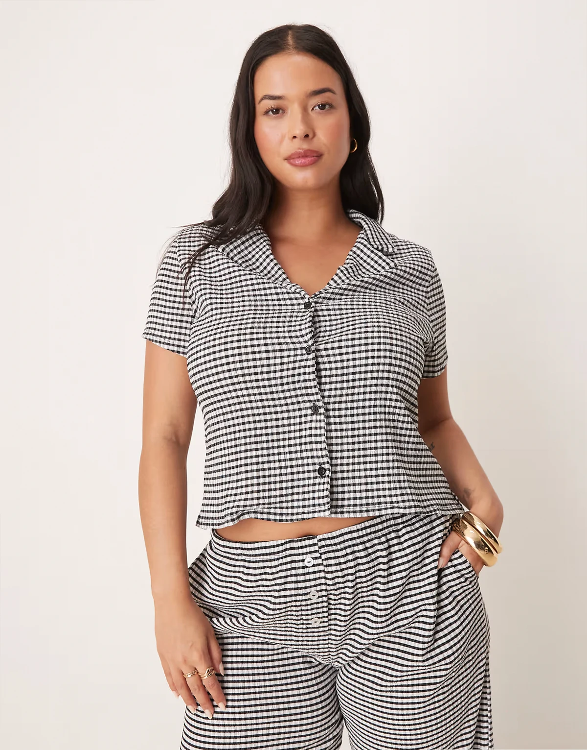 ASOS DESIGN Curve shrunken revere collar shirt in mono gingham - part of a set