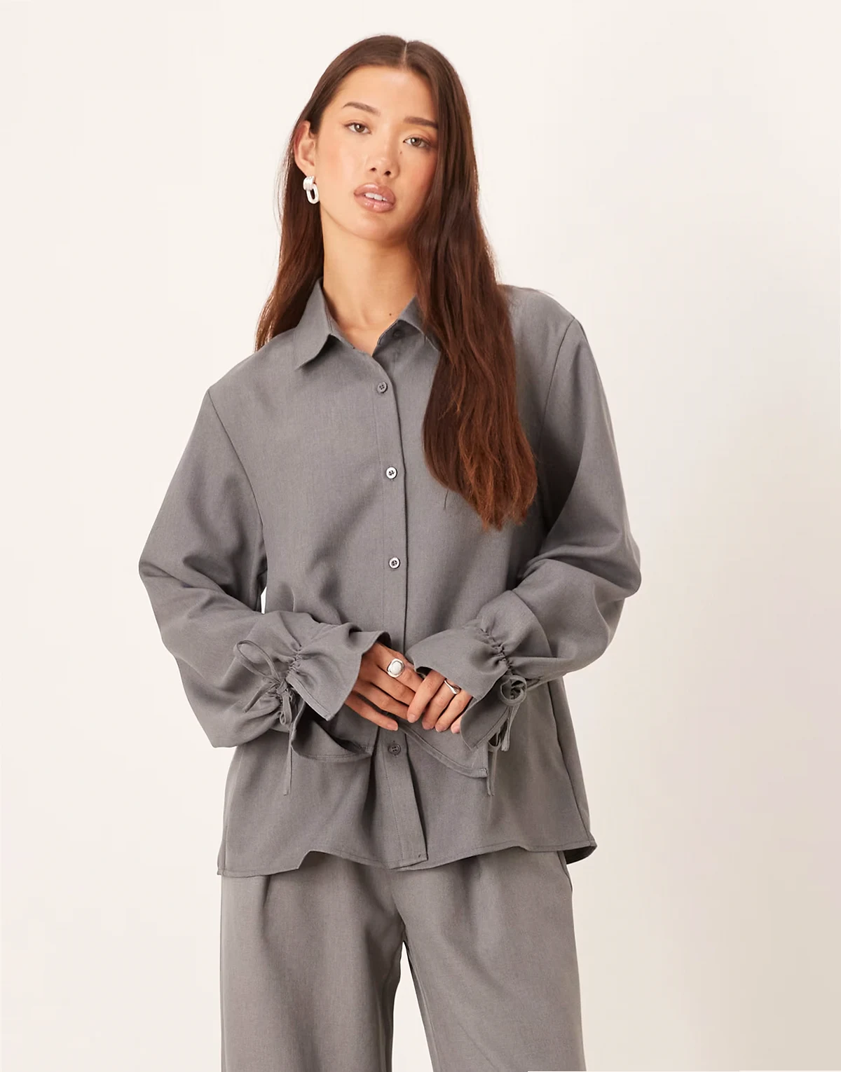 ruched tie sleeve detail shirt in gray - part of a set