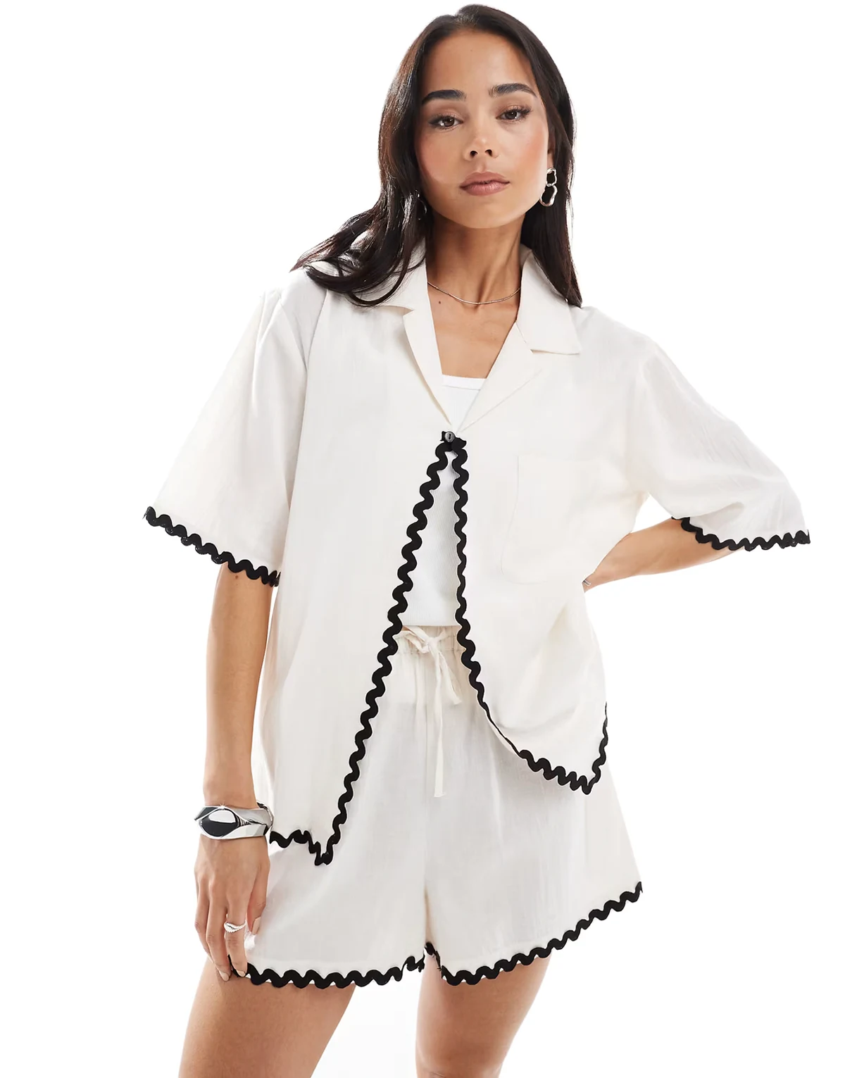 Exclusive ric rac short sleeve beach shirt in white - part of a set