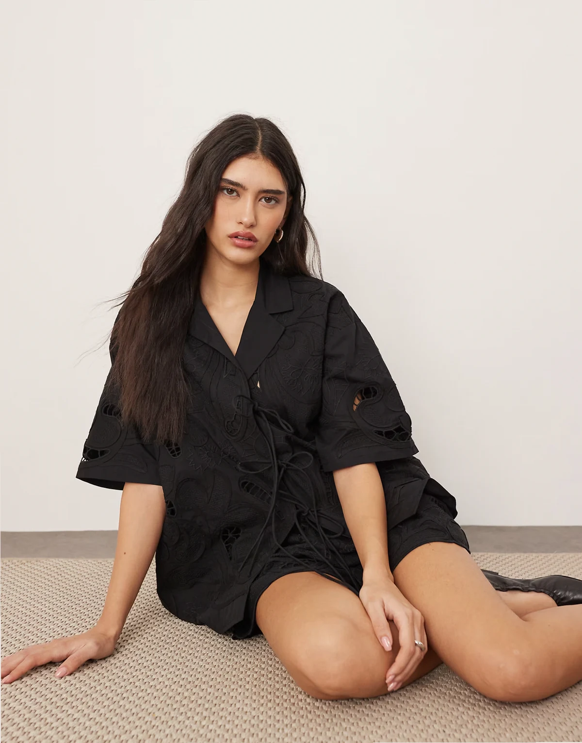 cotton cutwork embroidered short sleeve tie front shirt in black - part of a set