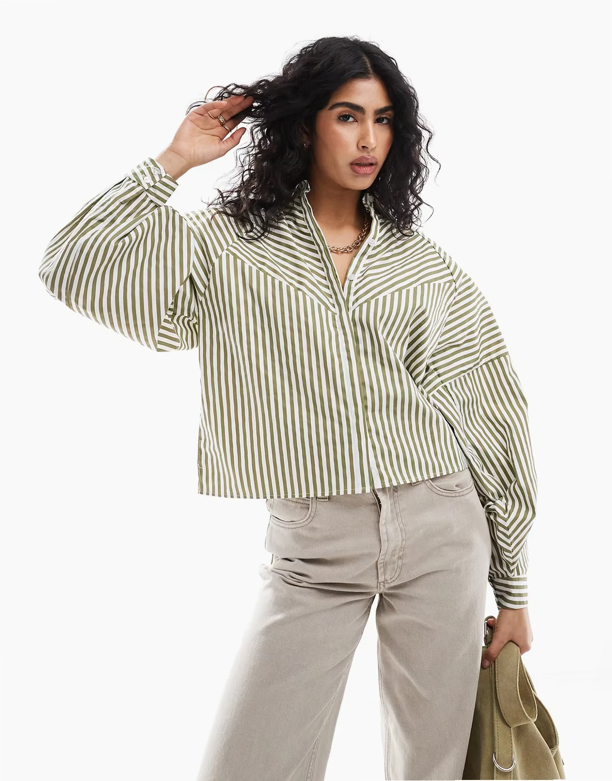 spliced volume shirt in olive & white stripe