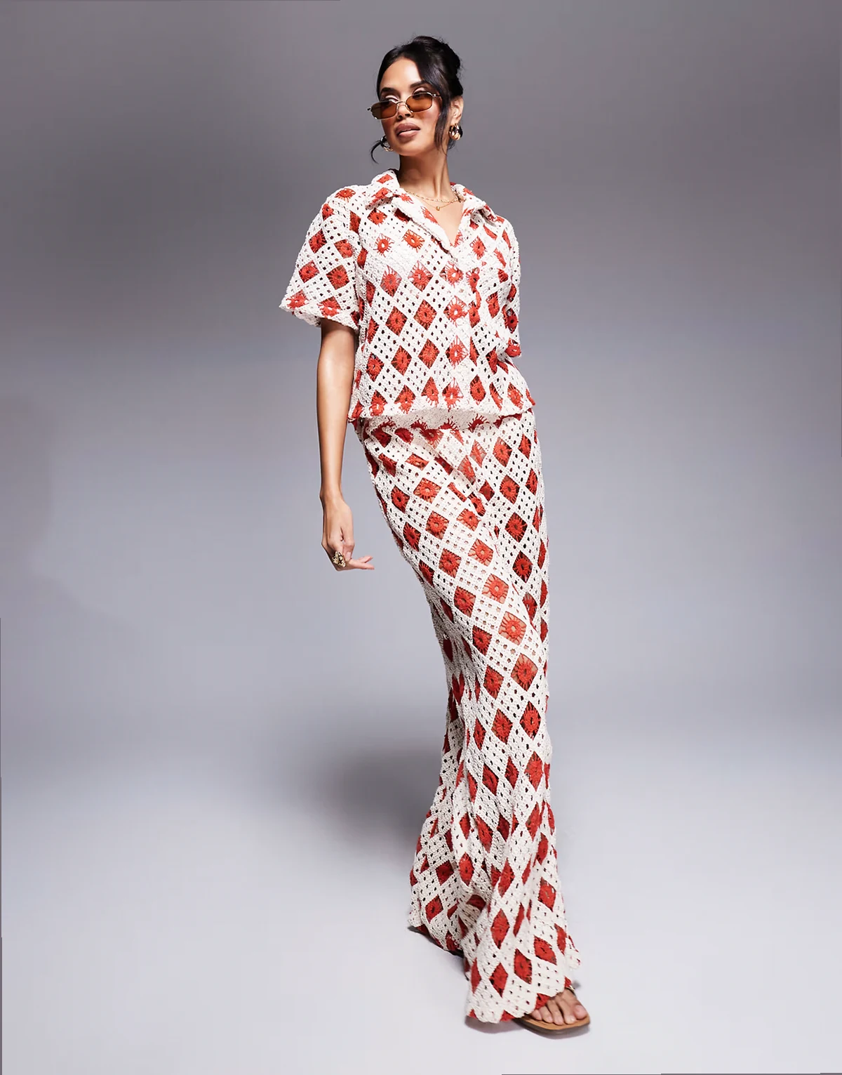 crochet short sleeve beach shirt in cream and rust - part of a set