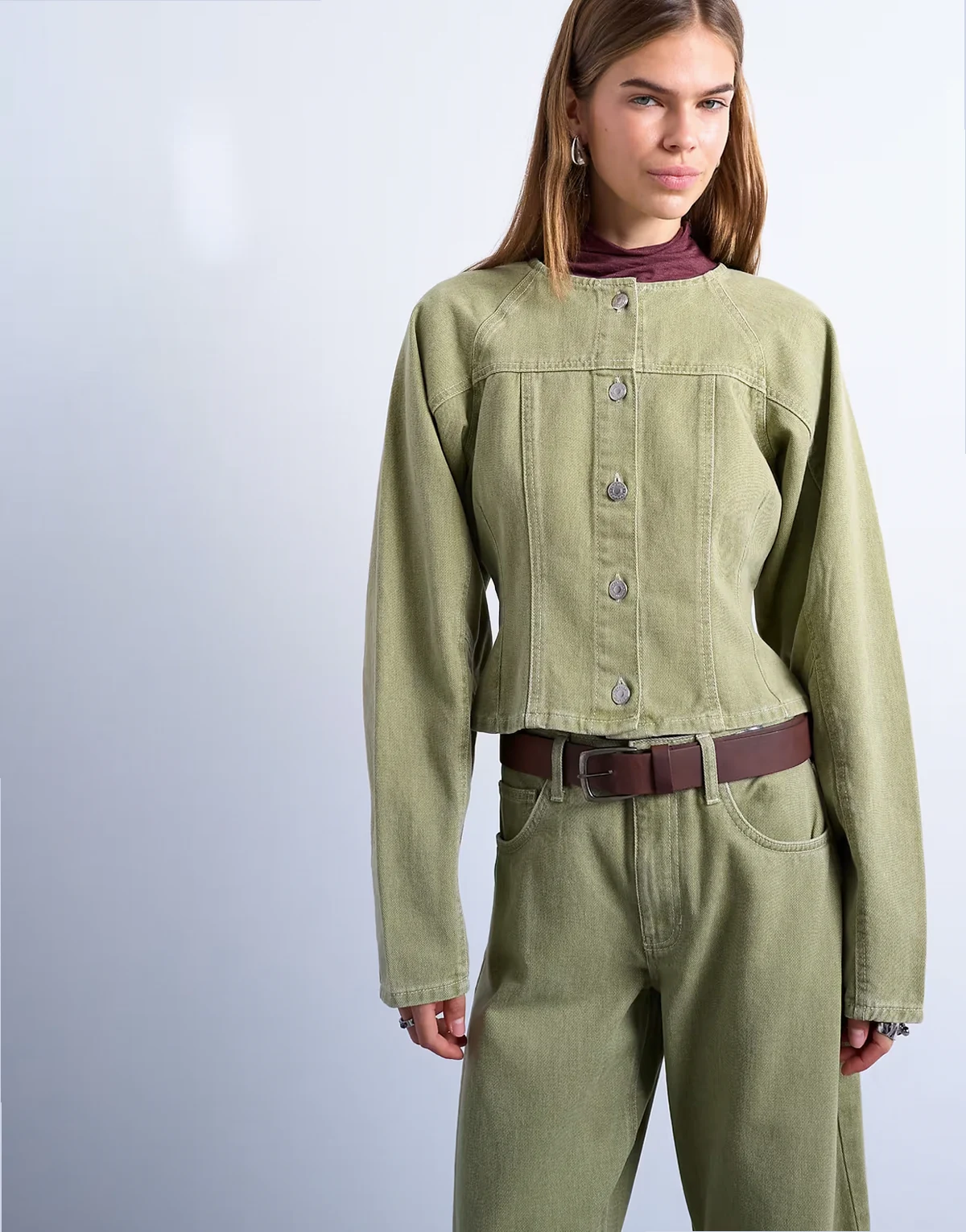 denim cinch shirt in avocado