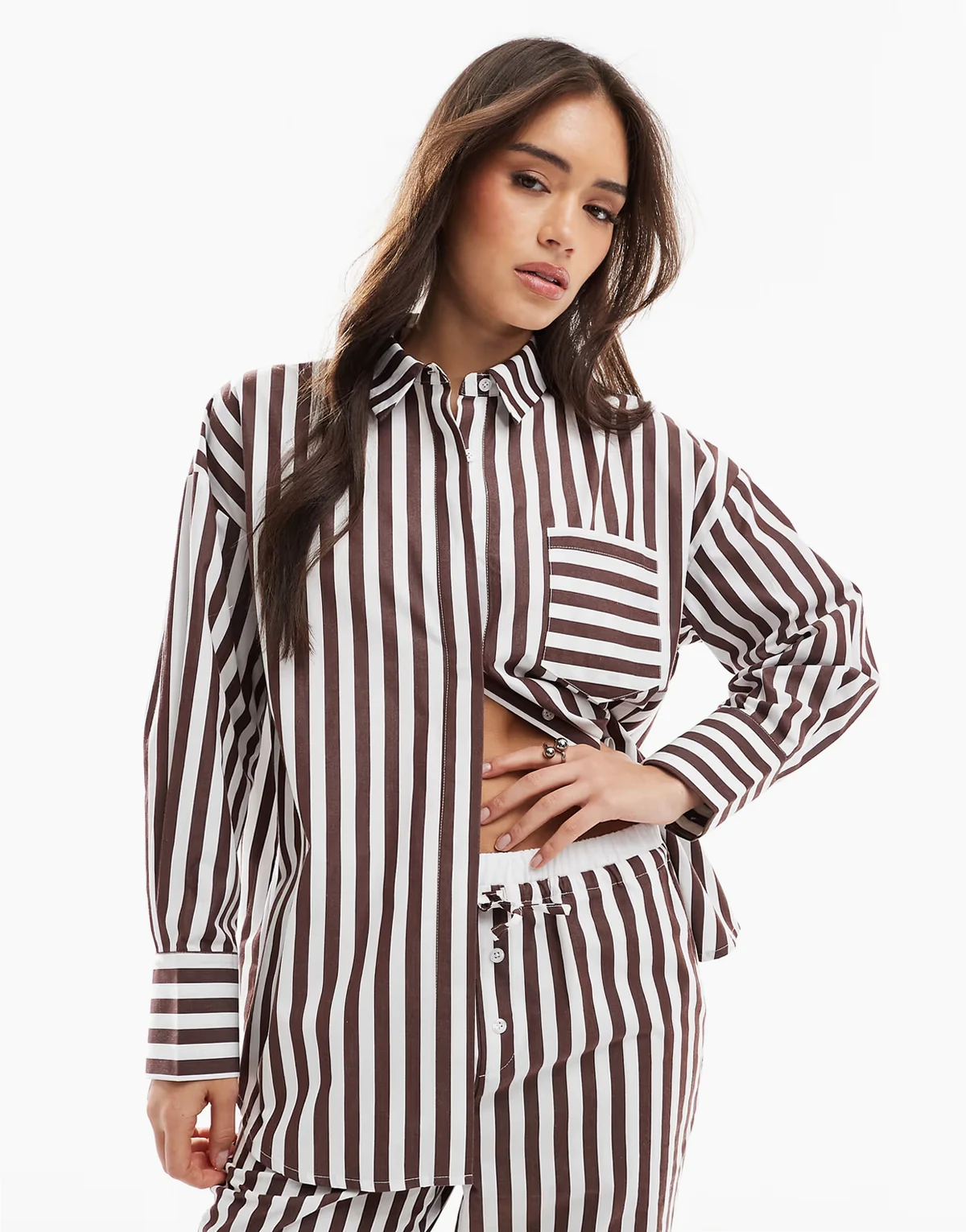 cotton oversized pocket detail shirt in brown stripe - part of a set