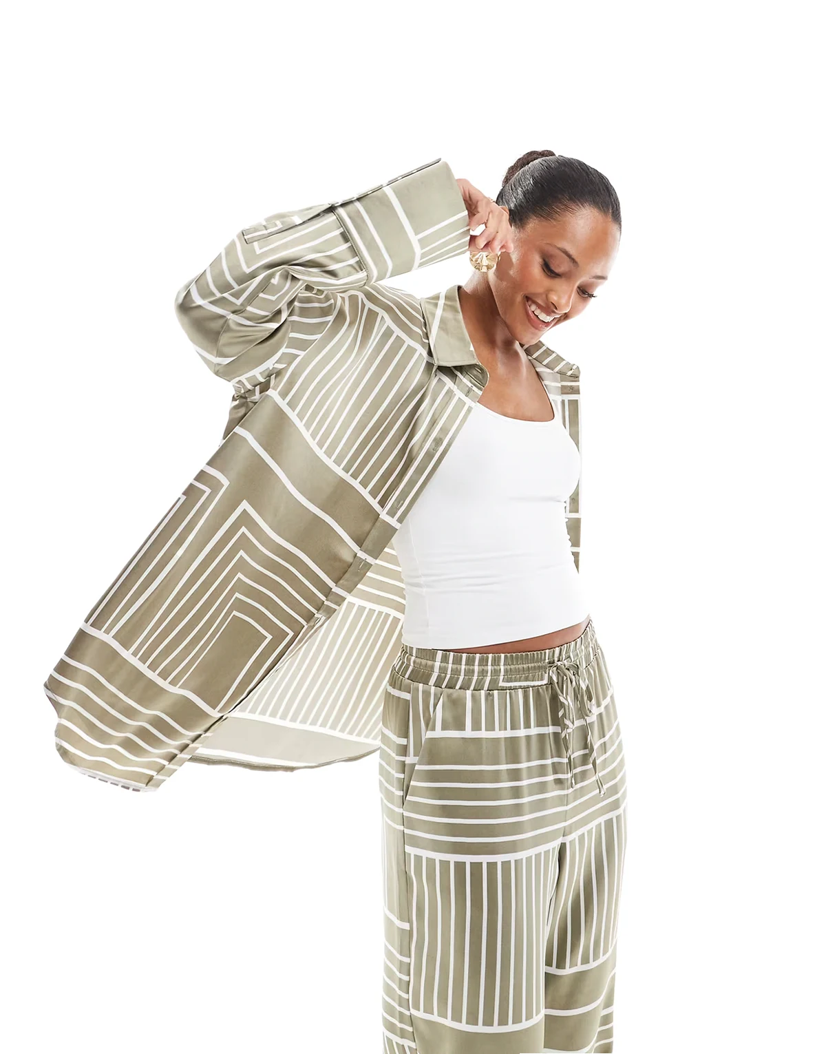 satin wide cuff button front shirt in sage tile print - part of a set