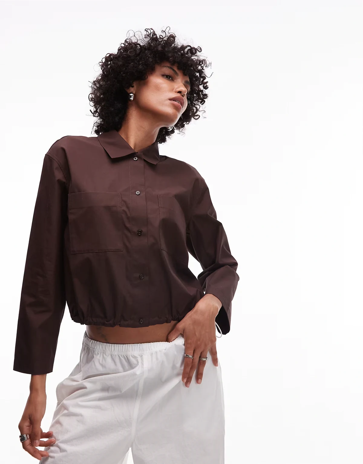 pure cotton cropped blouson jacket in brown