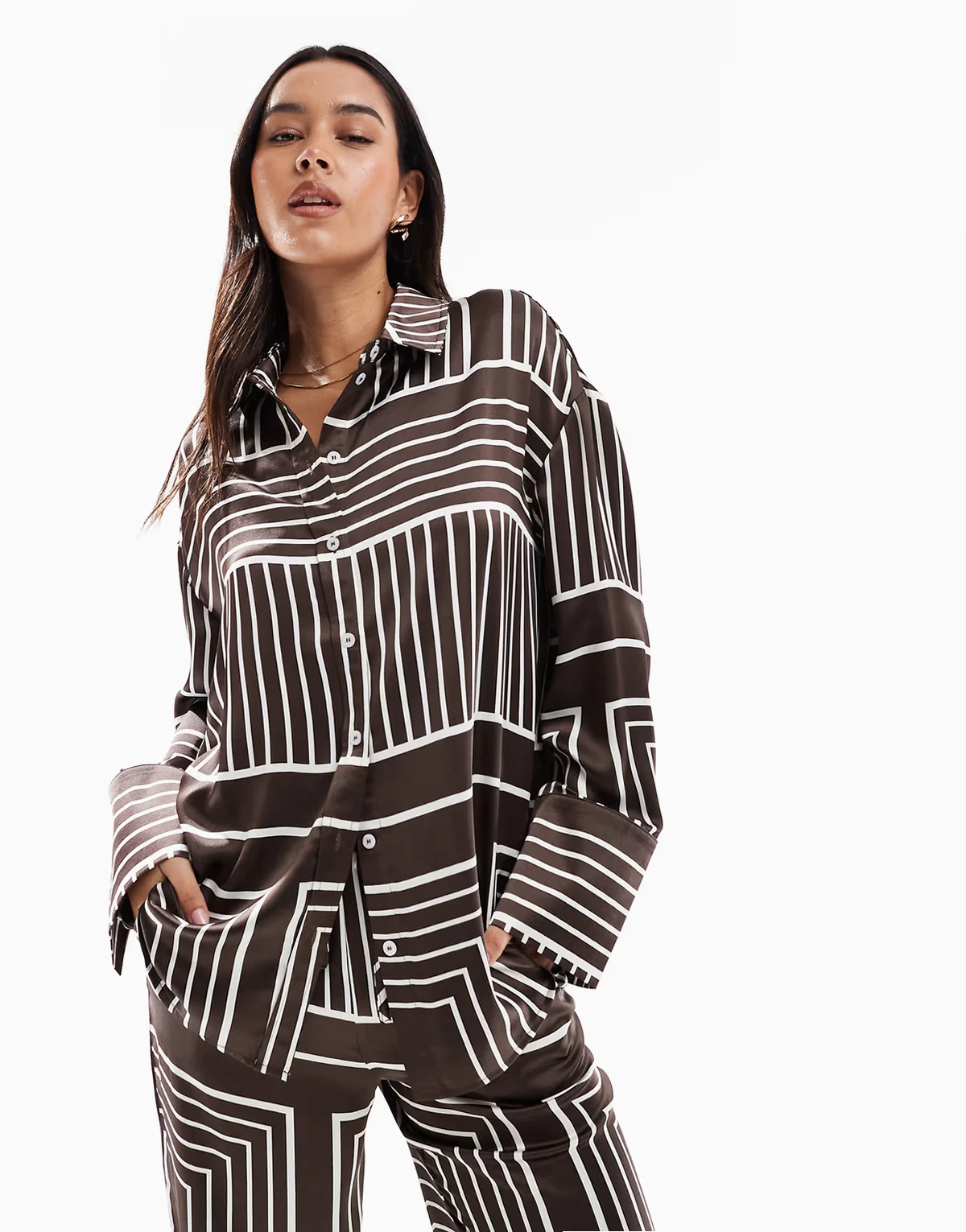 satin wide cuffs button front shirt in brown tile print - part of a set