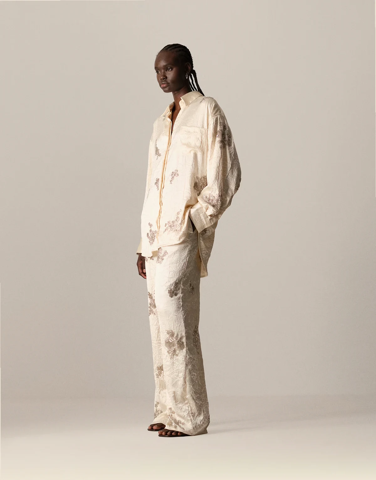 crinkle satin floral embellished shirt in cream - part of a set