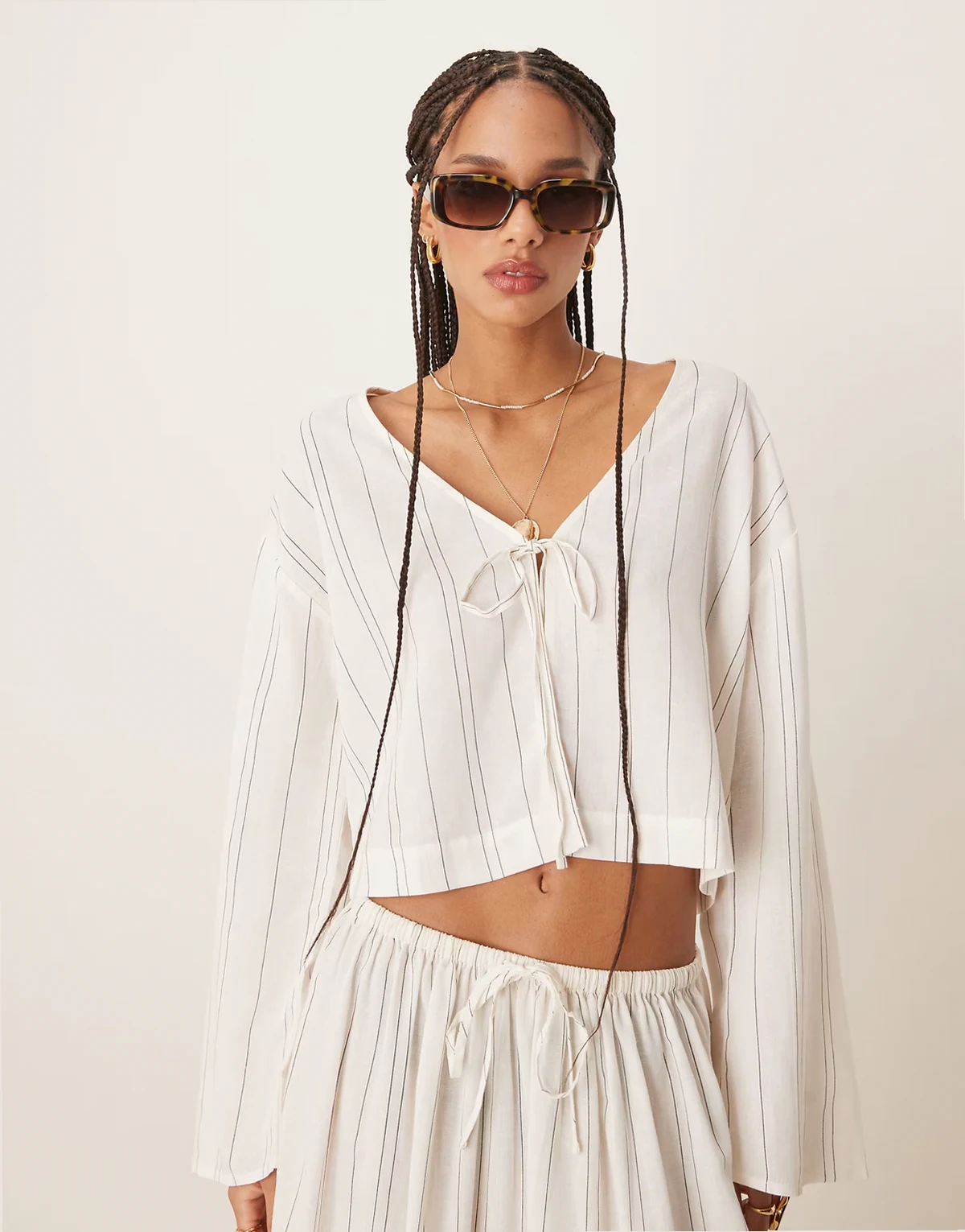 Belle beach tie front shirt with linen in fine mono stripe