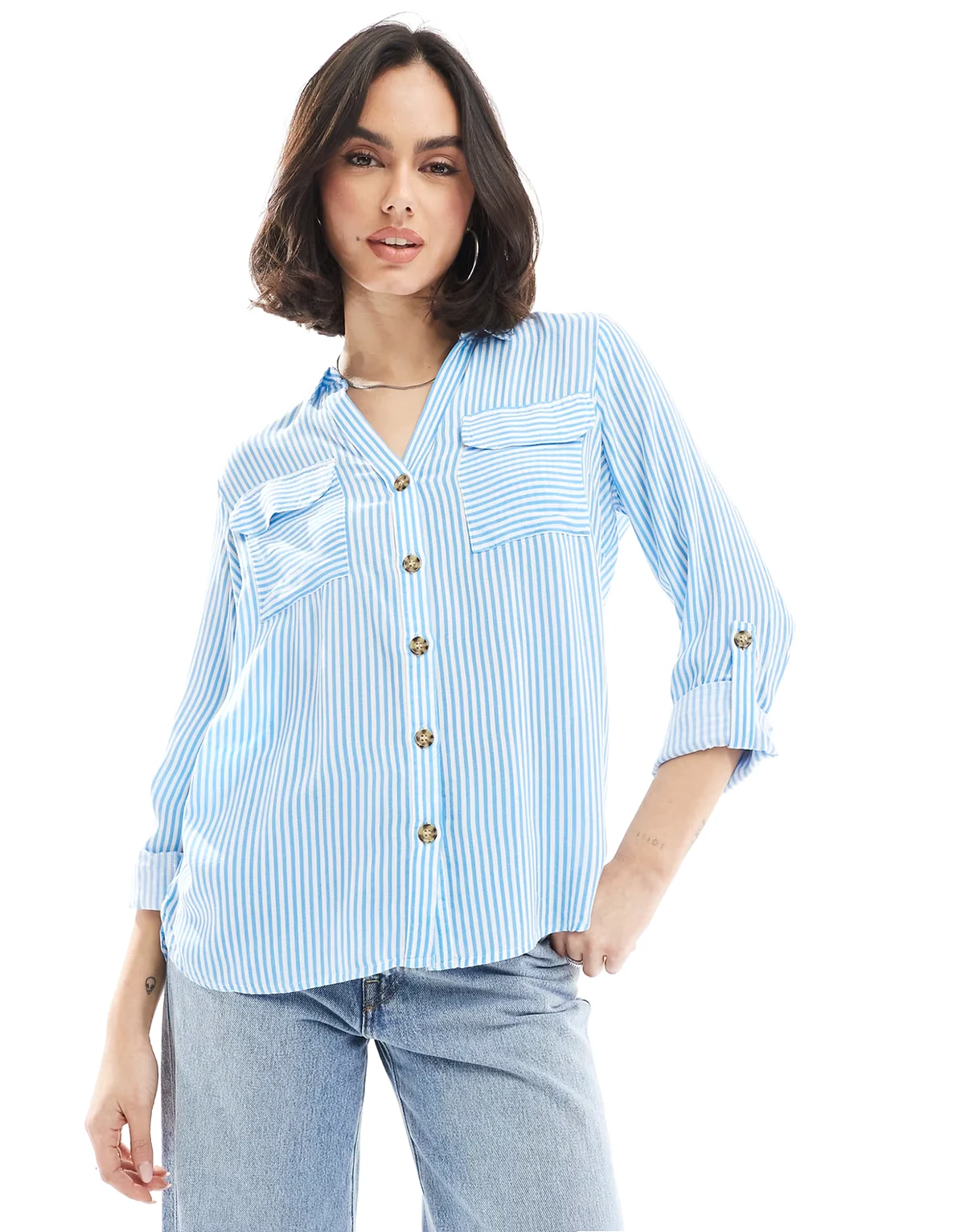 button down shirt with pocket detail in blue and white stripe