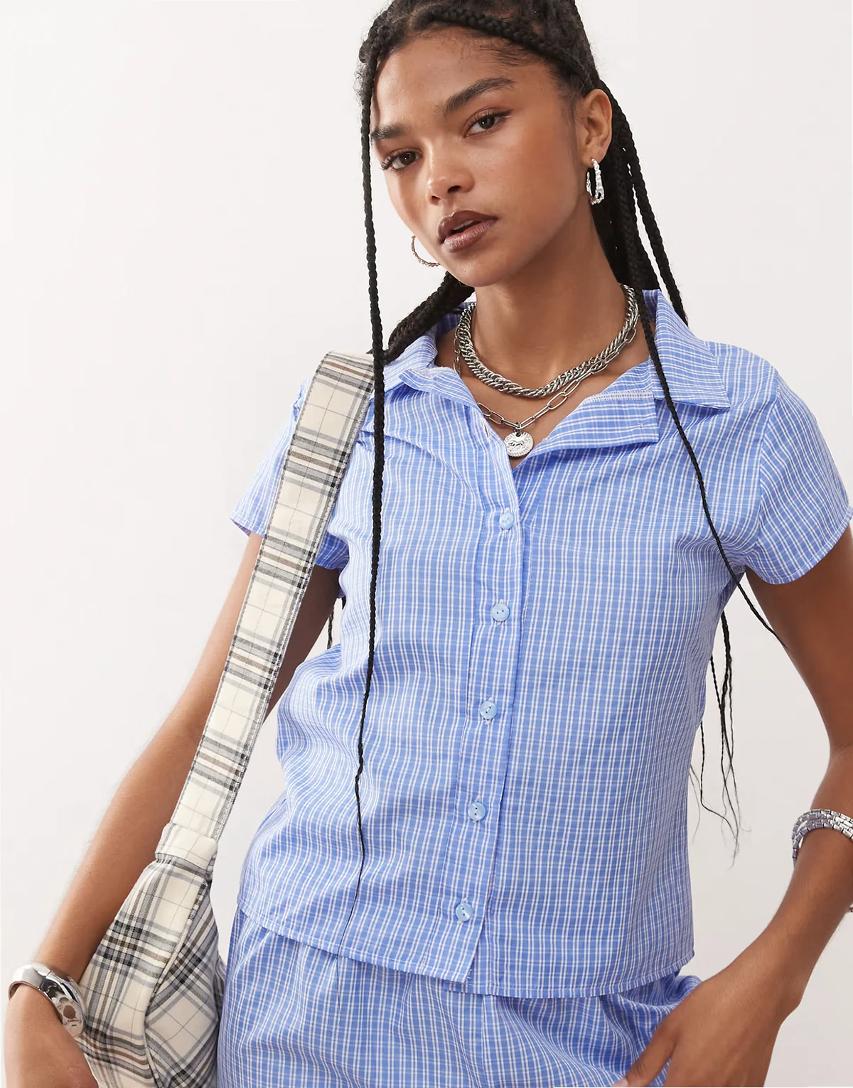 cap sleeve micro shirt in blue plaid - part of a set