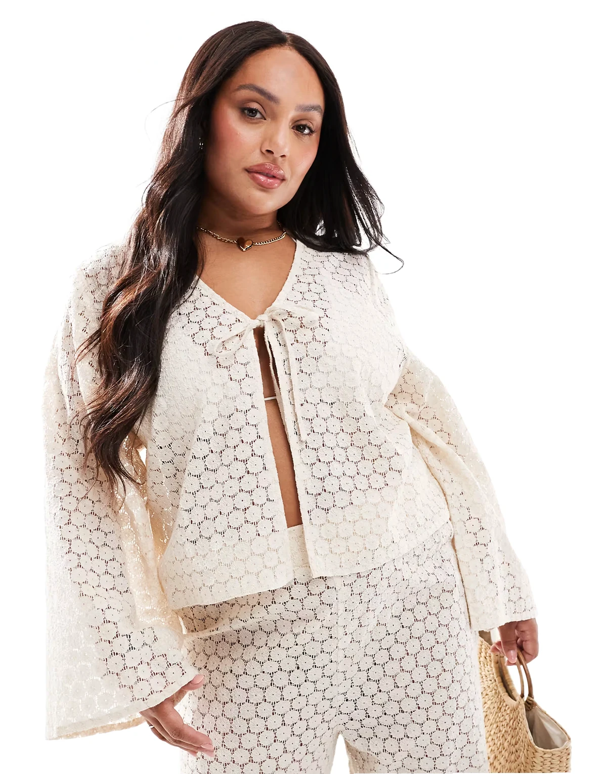 Exclusive crochet long sleeve tie front beach shirt in cream - part of a set