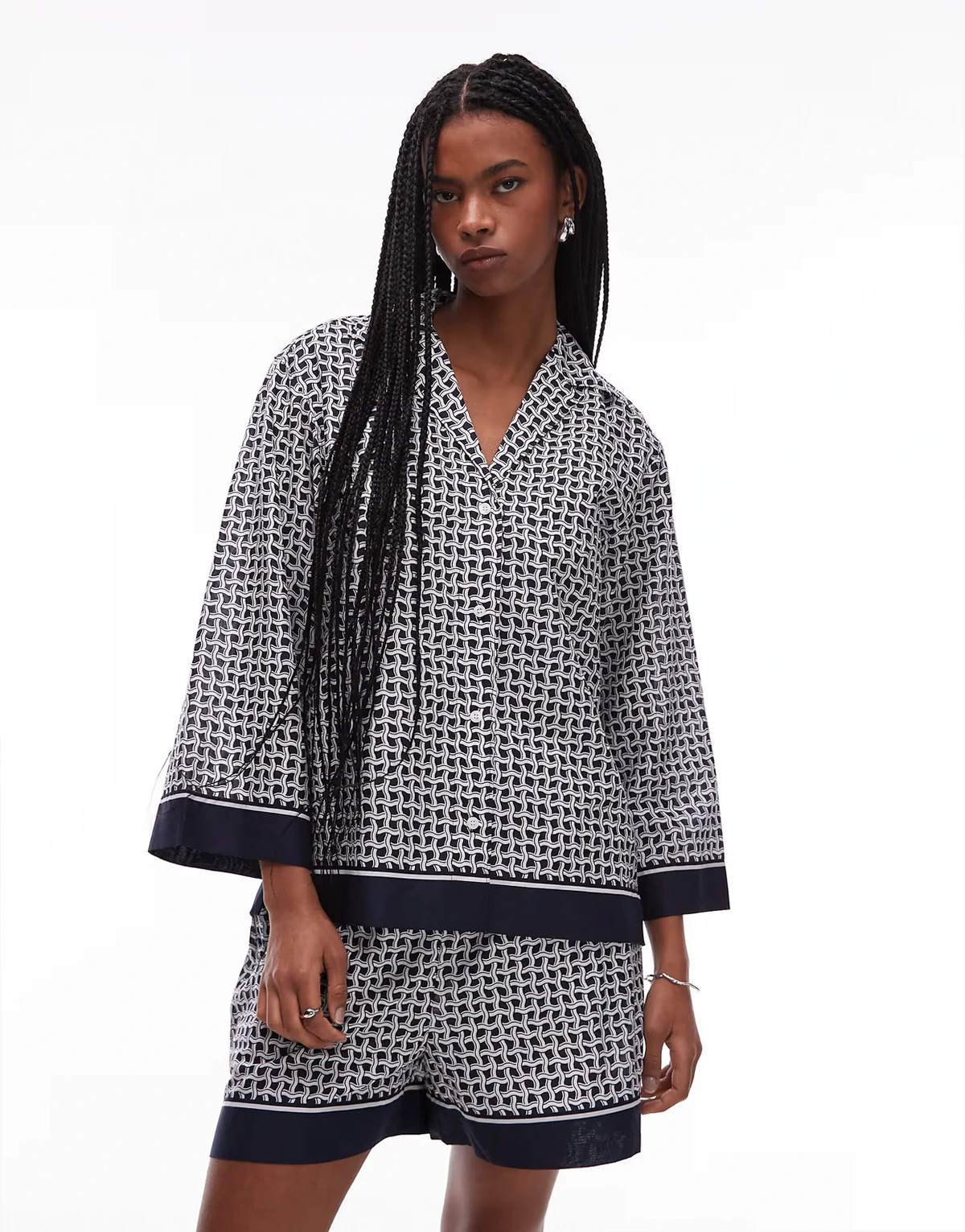 loose fit beach shirt with camp collar in blue abstract tile print