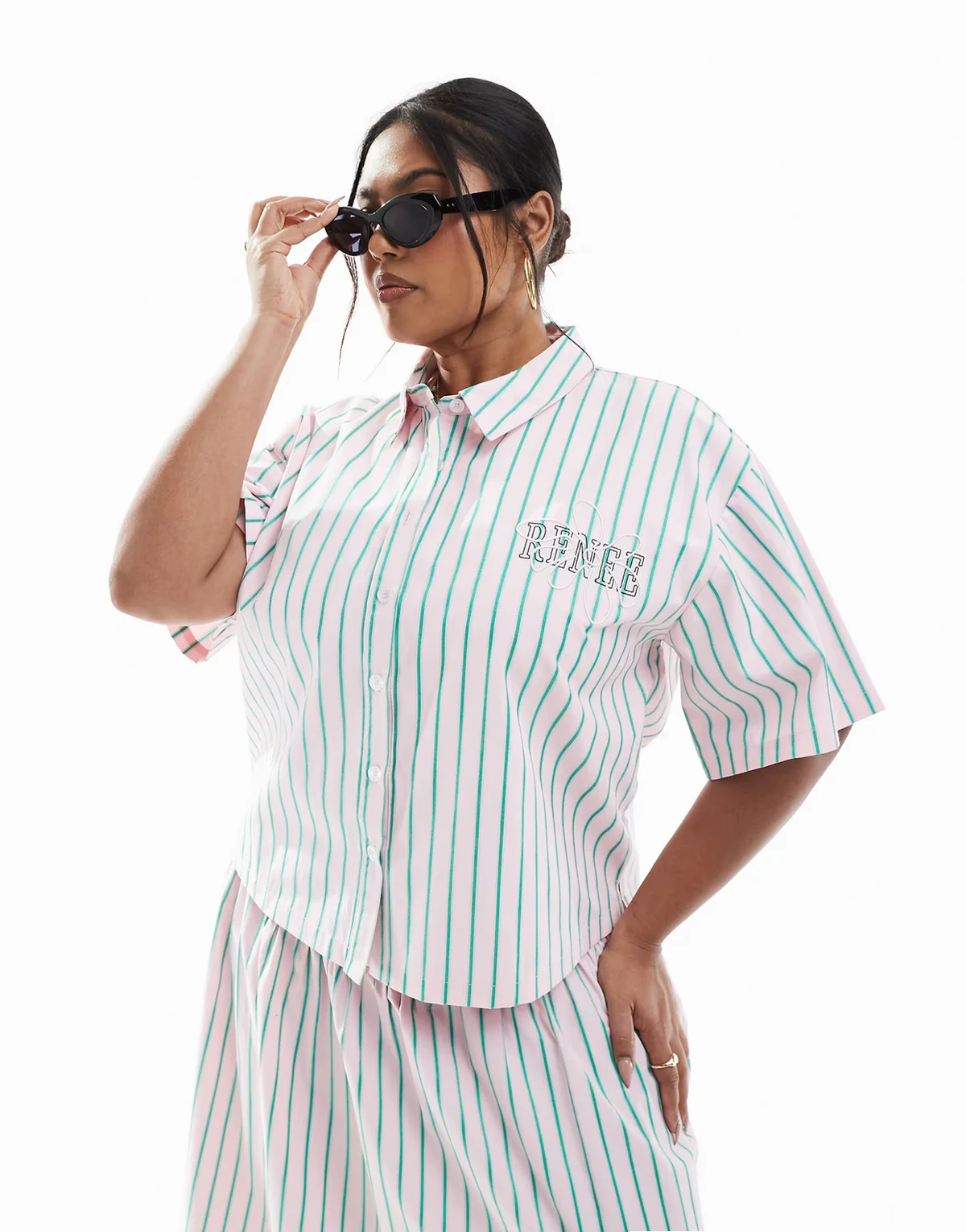 Plus exclusive cropped button down shirt in pink and green stripe - part of a set