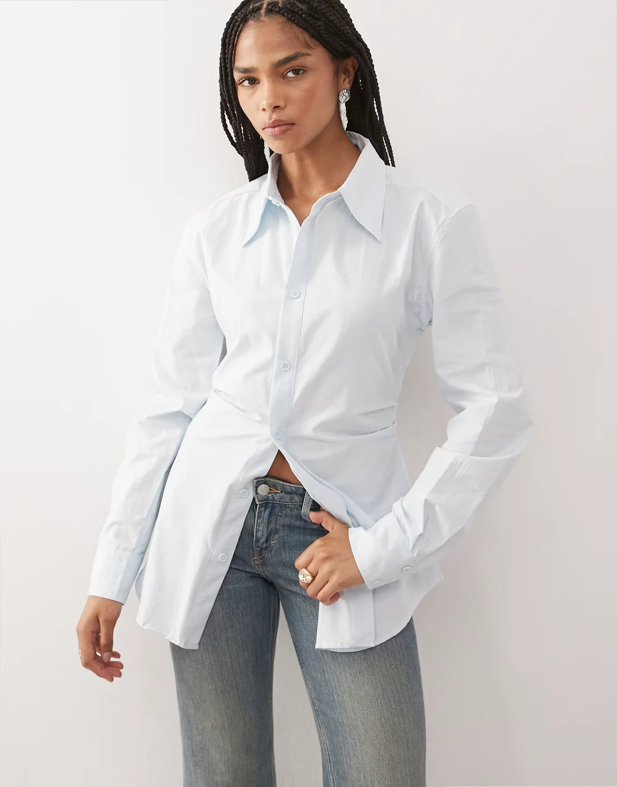 Naomi cinched waist collared shirt in soft blue