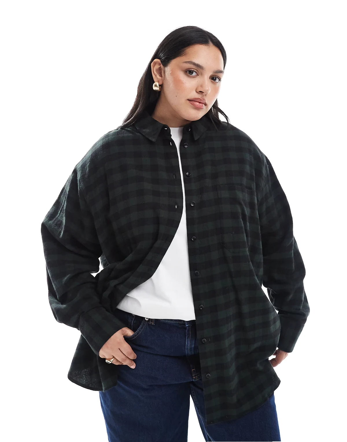 ASOS DESIGN Curve – Angerautes Oversize-Hemd in grün kariert